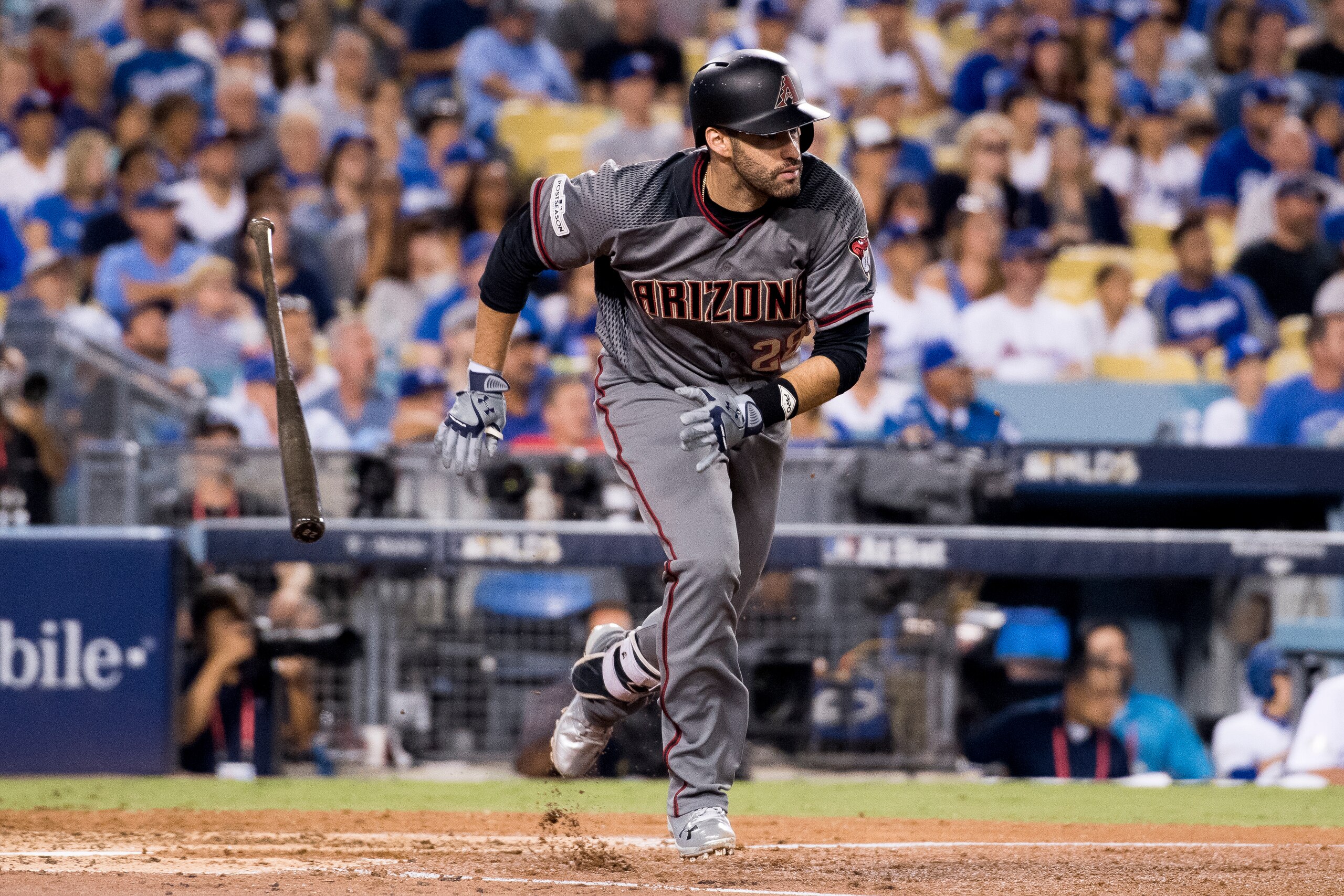 LOS ANGELES, CA - OCTOBER 7: J.D. Martinez #28 of the Arizona Diamondbacks at-bat during Game Two of the National League Division Series against the Los Angeles Dodgers at Dodger Stadium on October 7, 2017 in Los Angeles, California. (Photo by Sarah Sachs LOS ANGELES, CA - OCTOBER 7: J.D. Martinez #28 of the Arizona Diamondbacks at-bat during Game Two of the National League Division Series against the Los Angeles Dodgers at Dodger Stadium on October 7, 2017 in Los Angeles, California. (Photo by Sarah Sachs