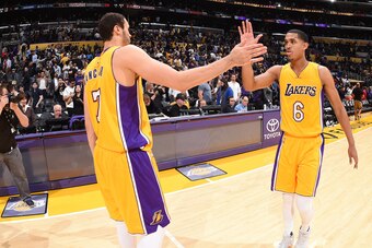 LOS ANGELES, CA -NOVEMBER 15: Jordan Clarkson #6 and Larry Nance Jr. #7 of the Los Angeles Lakers high five each other after the game against the Brooklyn Nets on November 15, 2016 at STAPLES Center in Los Angeles, California. NOTE TO USER: User expressly