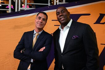 LOS ANGELES, CA - OCTOBER 19:  Rob Pelinka and Magic Johnson of the Los Angeles Lakers before the game against the LA Clippers during the game on October 19, 2017 at STAPLES Center in Los Angeles, California. NOTE TO USER: User expressly acknowledges and 