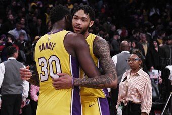 NEW YORK, NY - FEBRUARY 2: Brandon Ingram #14 and Julius Randle #30 of the Los Angeles Lakers celebrates after the game against the Brooklyn Nets at Barclays Center on February 2, 2018 in Brooklyn, New York. NOTE TO USER: User expressly acknowledges and a