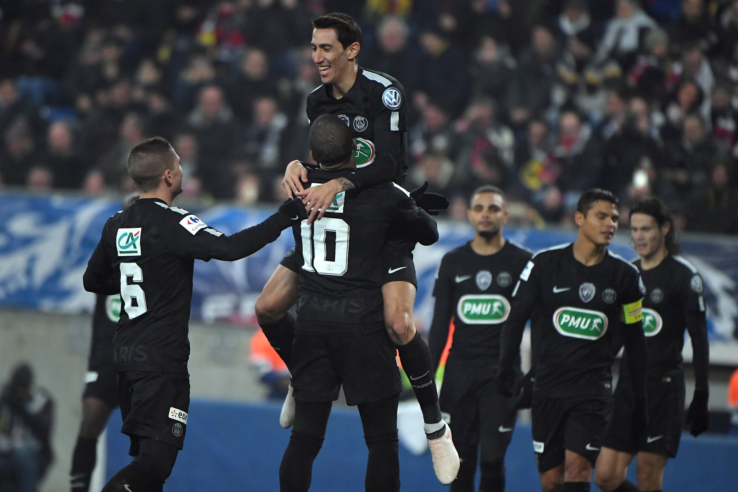 Paris Saint-Germain's Argentinian forward Angel Di Maria celebrates after scoring a goal during the French Cup round of sixteen football match between Sochaux (FCSM) and Paris Saint-Germain (PSG), on February 6, 2018 at the Auguste Bonal stadium in Sochau Paris Saint-Germain's Argentinian forward Angel Di Maria celebrates after scoring a goal during the French Cup round of sixteen football match between Sochaux (FCSM) and Paris Saint-Germain (PSG), on February 6, 2018 at the Auguste Bonal stadium in Sochau