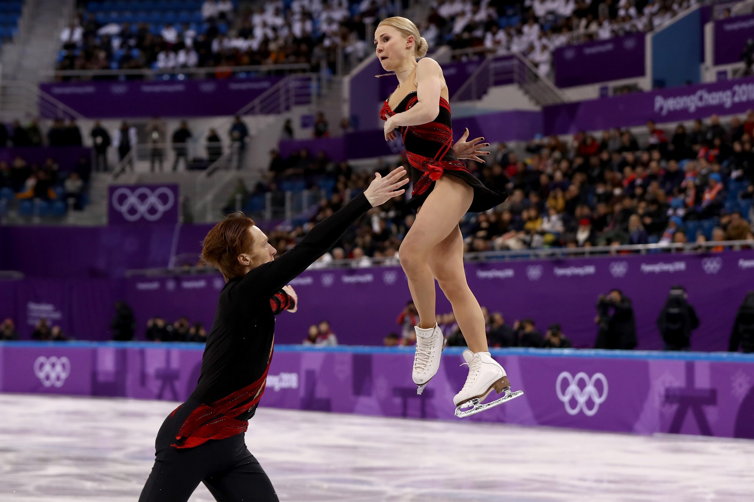 GANGNEUNG, SOUTH KOREA - FEBRUARY 09:  Evgenia Tarasova and Vladimir Morozov of Olympic Athlete from Russia compete in the Figure Skating Team Event - Pair Skating Short Program during the PyeongChang 2018 Winter Olympic Games at Gangneung Ice Arena on Fe