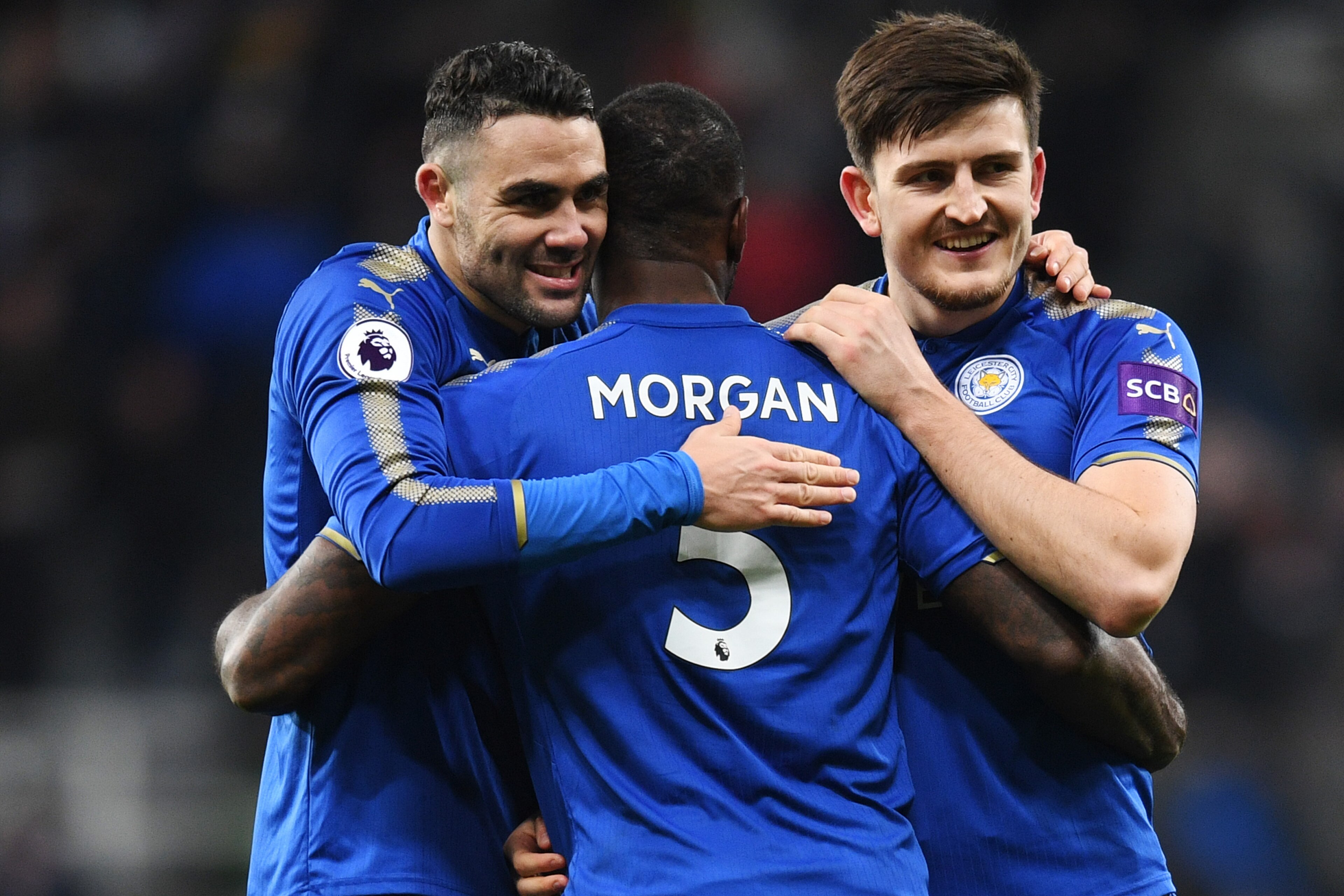 NEWCASTLE UPON TYNE, ENGLAND - DECEMBER 09: Wes Morgan, Vicente Iborra and Harry Maguire of Leicester City celebrate after the Premier League match between Newcastle United and Leicester City at St. James Park on December 9, 2017 in Newcastle upon Tyne, NEWCASTLE UPON TYNE, ENGLAND - DECEMBER 09: Wes Morgan, Vicente Iborra and Harry Maguire of Leicester City celebrate after the Premier League match between Newcastle United and Leicester City at St. James Park on December 9, 2017 in Newcastle upon Tyne,
