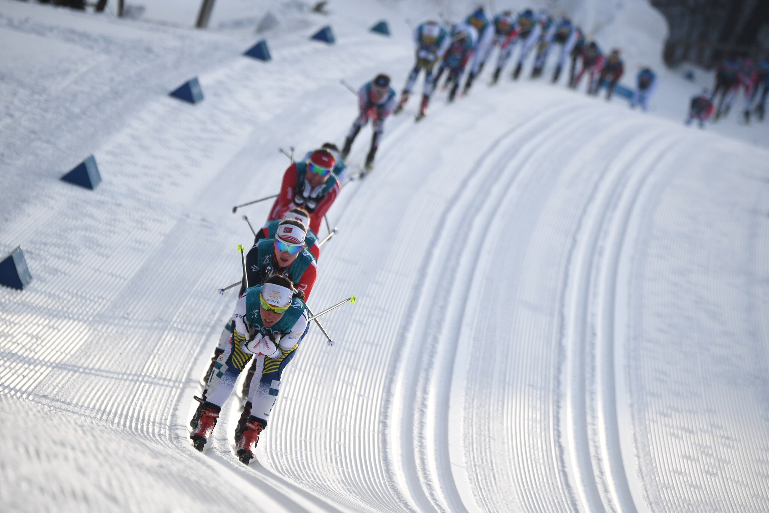Sweden's Charlotte Kalla competes in the women's 7.5km + 7.5km cross-country skiathlon at the Alpensia cross country ski centre during the Pyeongchang 2018 Winter Olympic Games on February 10, 2018 in Pyeongchang.  / AFP PHOTO / FRANCK FIFE        (Photo 
