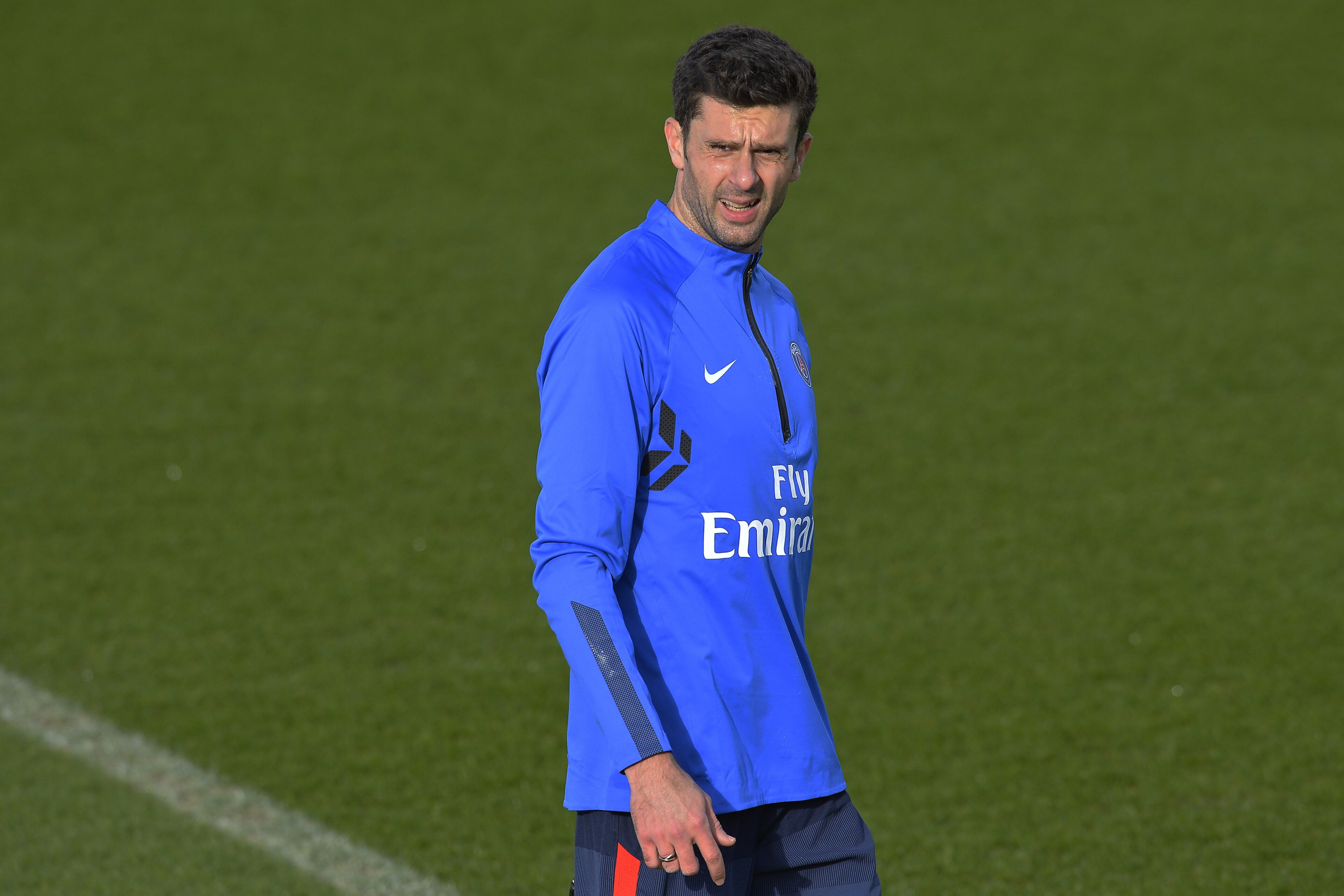 PARIS, FRANCE - JANUARY 26:  Thiago Motta reacts during a training session of Paris Saint Germain PSG at Camp des Loges on January 26, 2018 in Paris, France.  (Photo by Aurelien Meunier/Getty Images)