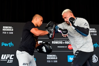 PERTH, AUSTRALIA - FEBRUARY 09:  Mark Hunt of New Zealand holds an open workout for fans and media during the UFC 221 Open Workouts at Elizabeth Quay on February 9, 2018 in Perth, Australia. (Photo by Mike Roach/Zuffa LLC/Zuffa LLC via Getty Images)