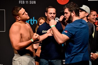 PERTH, AUSTRALIA - FEBRUARY 10:  (L-R) Opponents Tai Tuivasa of Australia and Cyril Asker of France face off during the UFC 221 weigh-in at Perth Arena on February 10, 2018 in Perth, Australia. (Photo by Jeff Bottari/Zuffa LLC/Zuffa LLC via Getty Images)