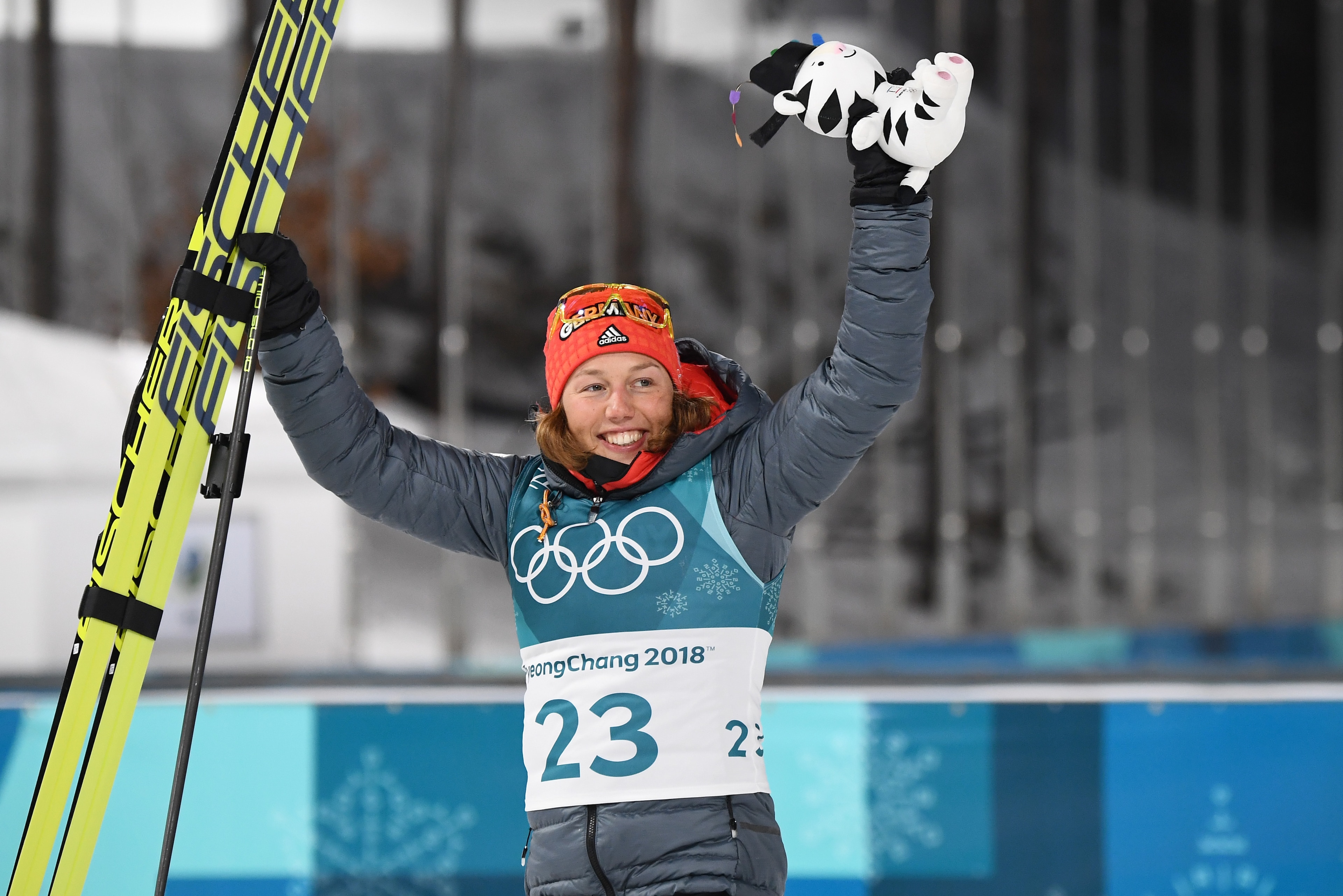 Germany's Laura Dahlmeier celebrates after wining gold in the women's 7,5 km sprint biathlon event during the Pyeongchang 2018 Winter Olympic Games on February 10, 2018, in Pyeongchang. / AFP PHOTO / FRANCK FIFE (Photo credit should read FRANCK FIF Germany's Laura Dahlmeier celebrates after wining gold in the women's 7,5 km sprint biathlon event during the Pyeongchang 2018 Winter Olympic Games on February 10, 2018, in Pyeongchang. / AFP PHOTO / FRANCK FIFE (Photo credit should read FRANCK FIF