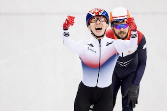 GANGNEUNG, SOUTH KOREA - FEBRUARY 10:  Hyojun Lim of South Korea celebrates after winning the Men's 1500m Short Track Speed Skating final on day one of the PyeongChang 2018 Winter Olympic Games at Gangneung Ice Arena on February 10, 2018 in Gangneung, Sou