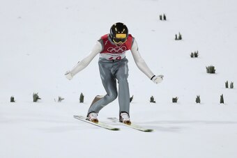 PYEONGCHANG-GUN, SOUTH KOREA - FEBRUARY 10:  Andreas Wellinger of Germany reacts after landing a jump during the Ski Jumping - Men's Normal Hill Individual Final on day one of the PyeongChang 2018 Winter Olympic Games at Alpensia Ski Jumping Center on Feb