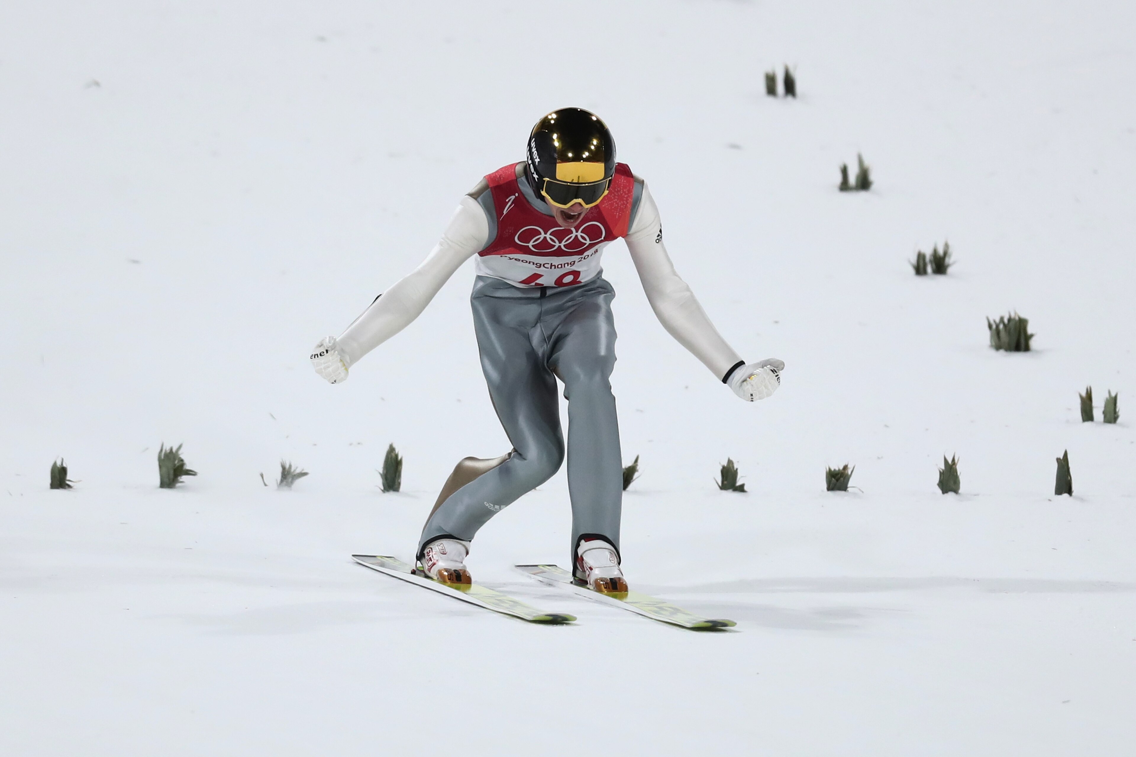 PYEONGCHANG-GUN, SOUTH KOREA - FEBRUARY 10: Andreas Wellinger of Germany reacts after landing a jump during the Ski Jumping - Men's Normal Hill Individual Final on day one of the PyeongChang 2018 Winter Olympic Games at Alpensia Ski Jumping Center on Feb PYEONGCHANG-GUN, SOUTH KOREA - FEBRUARY 10: Andreas Wellinger of Germany reacts after landing a jump during the Ski Jumping - Men's Normal Hill Individual Final on day one of the PyeongChang 2018 Winter Olympic Games at Alpensia Ski Jumping Center on Feb