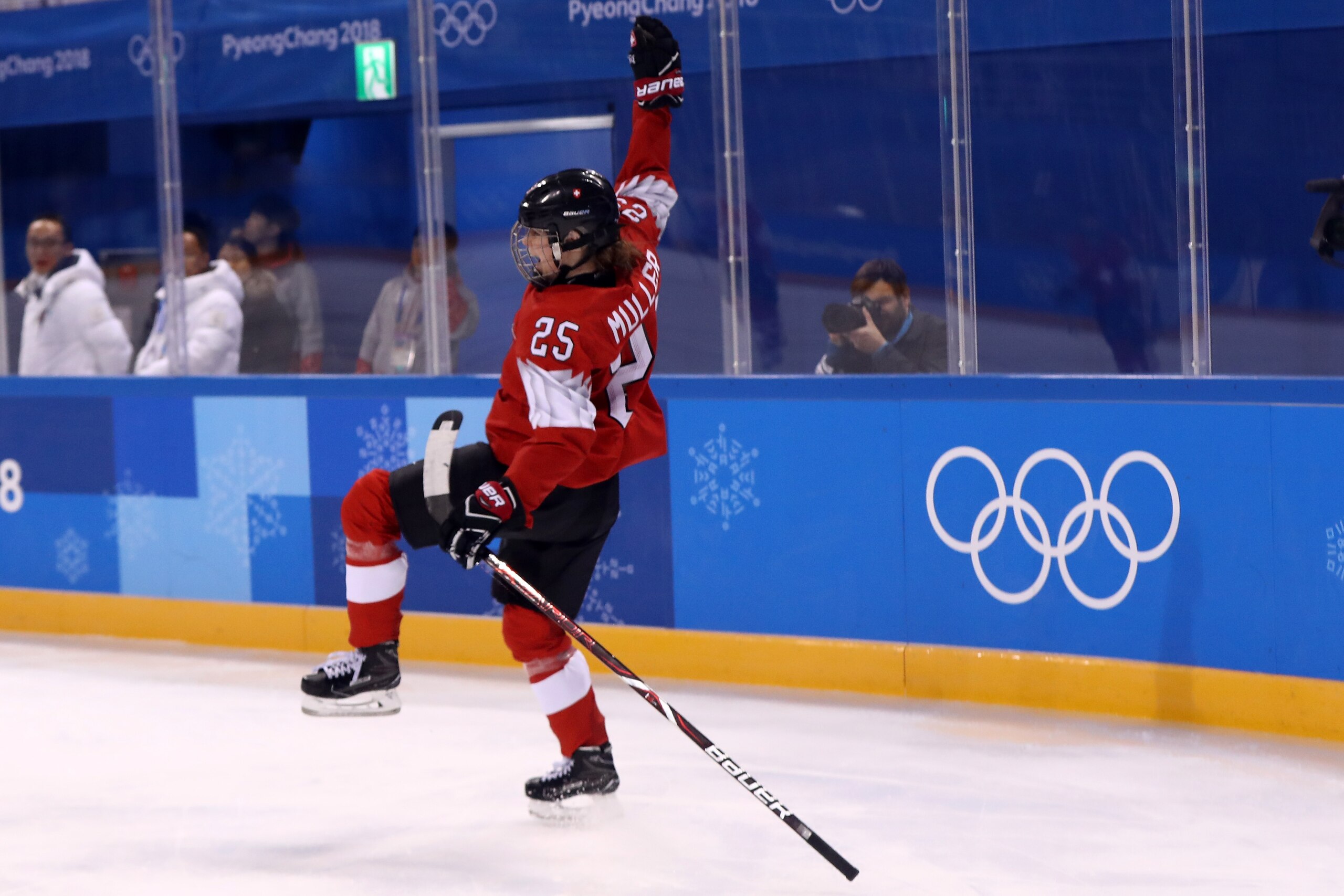 GANGNEUNG, SOUTH KOREA - FEBRUARY 10:  Alina Muller #25 of Switzerland reacts after scoring a goal against Korea during the Women's Ice Hockey Preliminary Round - Group B game on day one of the PyeongChang 2018 Winter Olympic Games at Kwandong Hockey Cent