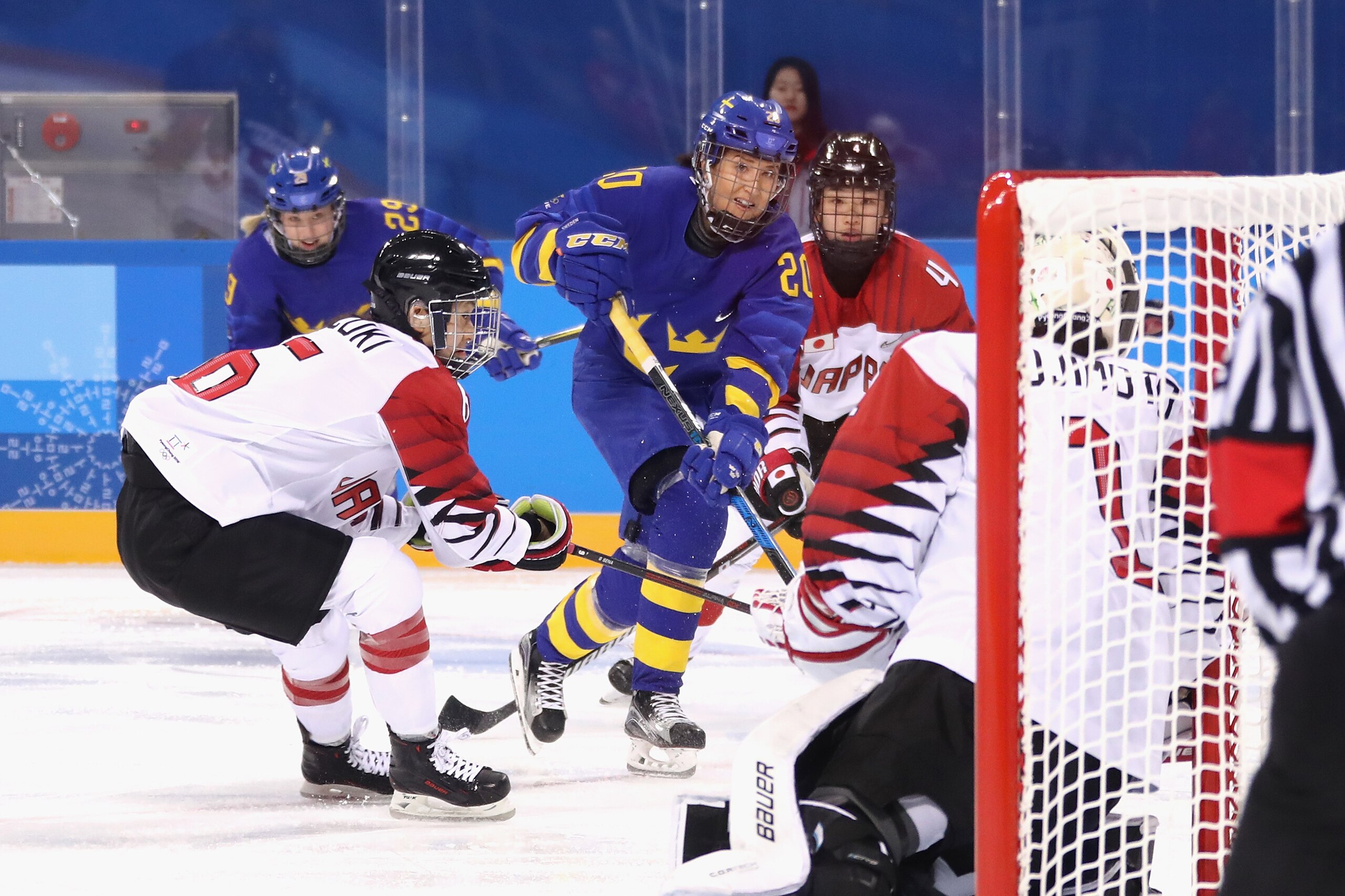 GANGNEUNG, SOUTH KOREA - FEBRUARY 10:  Fanny Rask #20 of Sweden scores a goal in the first period against Japan during the Women's Ice Hockey Preliminary Round - Group B game on day one of the PyeongChang 2018 Winter Olympic Games at Kwandong Hockey Centr