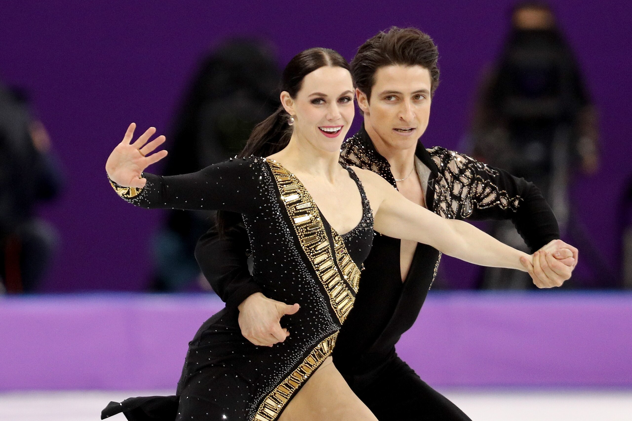 GANGNEUNG, SOUTH KOREA - FEBRUARY 11:  Tessa Virtue and Scott Moir of Canada compete in the Figure Skating Team Event - Ice Dance - Short Dance on day two of the PyeongChang 2018 Winter Olympic Games at Gangneung Ice Arena on February 11, 2018 in Gangneun