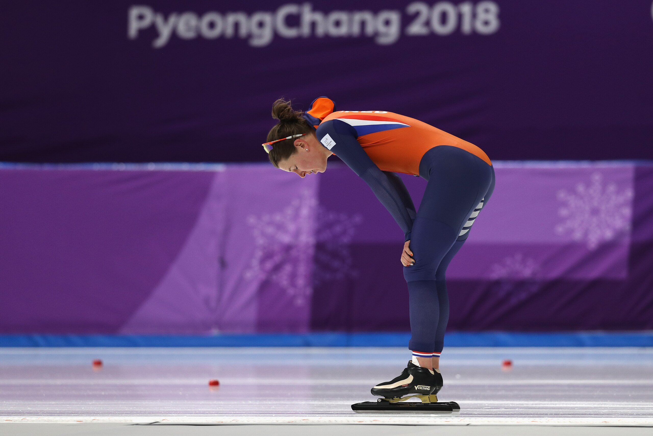 GANGNEUNG, SOUTH KOREA - FEBRUARY 10:  Ireen Wust of the Netherlands reacts after the Women's Speed Skating 3000m on day one of the PyeongChang 2018 Winter Olympic Games at Gangneung Oval on February 10, 2018 in Gangneung, South Korea.  (Photo by Maddie M
