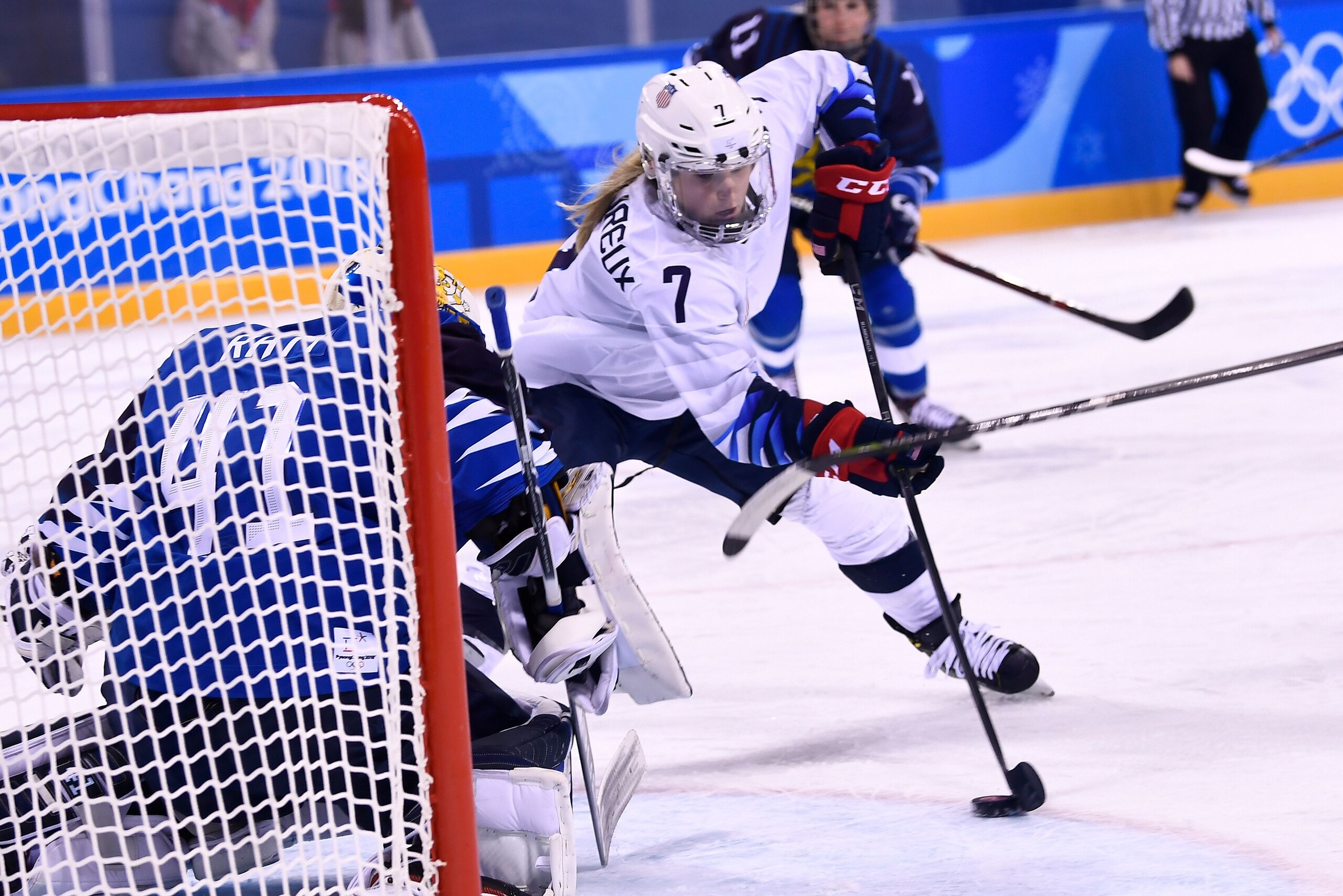 USA's Monique Lamoureux-Morando scores against Finland's Noora Raty in the second period of the women's preliminary round ice hockey match between Finland and the US during the Pyeongchang 2018 Winter Olympic Games at the Kwandong Hockey Centre in Gangneu USA's Monique Lamoureux-Morando scores against Finland's Noora Raty in the second period of the women's preliminary round ice hockey match between Finland and the US during the Pyeongchang 2018 Winter Olympic Games at the Kwandong Hockey Centre in Gangneu