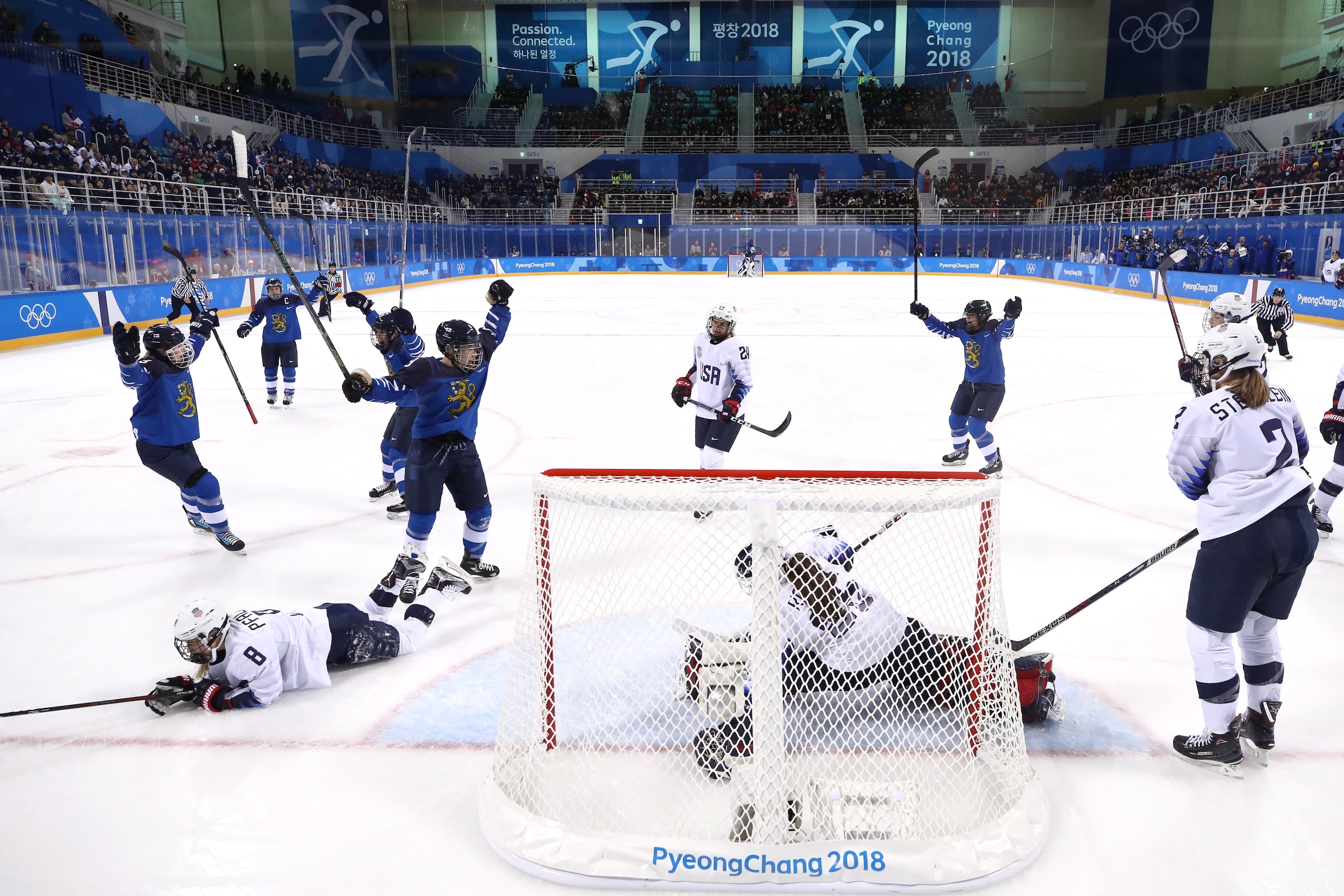 GANGNEUNG, SOUTH KOREA - FEBRUARY 11: Venla Hovi #9 of Finland celebrates with teammates after scoring a goal in the first period against the United States during the Women's Ice Hockey Preliminary Round - Group A game on day two of the PyeongChang 2018 GANGNEUNG, SOUTH KOREA - FEBRUARY 11: Venla Hovi #9 of Finland celebrates with teammates after scoring a goal in the first period against the United States during the Women's Ice Hockey Preliminary Round - Group A game on day two of the PyeongChang 2018