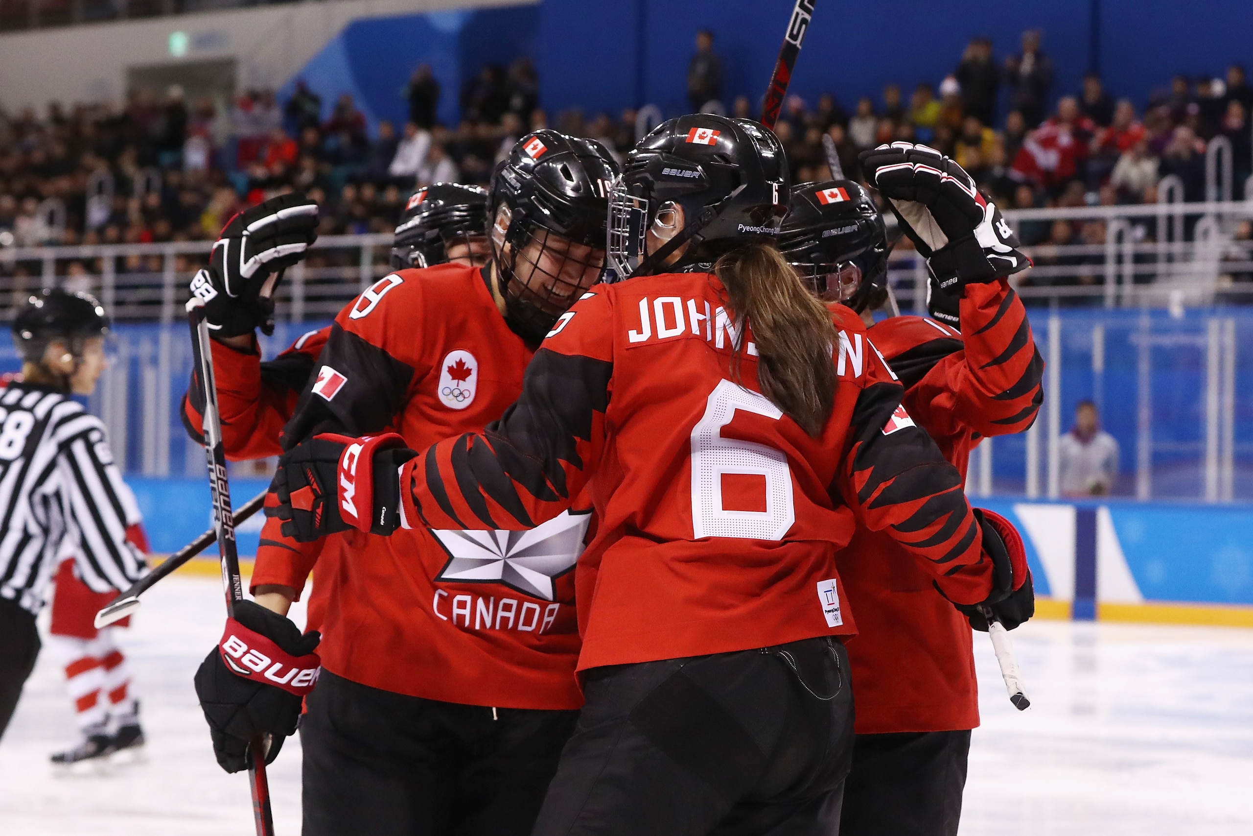 GANGNEUNG, SOUTH KOREA - FEBRUARY 11:  Rebecca Johnston #6 of Canada celebrates with teammates after scoring a goal in the second period against Olympic Athletes from Russia during the Women's Ice Hockey Preliminary Round - Group A game on day two of the 