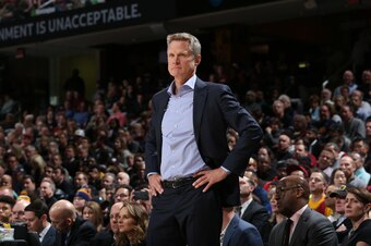 CLEVELAND, OH - JANUARY 15: Head Coach Steve Kerr of the Golden State Warriors looks on during the game against the Cleveland Cavaliers on January 15, 2018 at Quicken Loans Arena in Cleveland, Ohio. NOTE TO USER: User expressly acknowledges and agrees tha