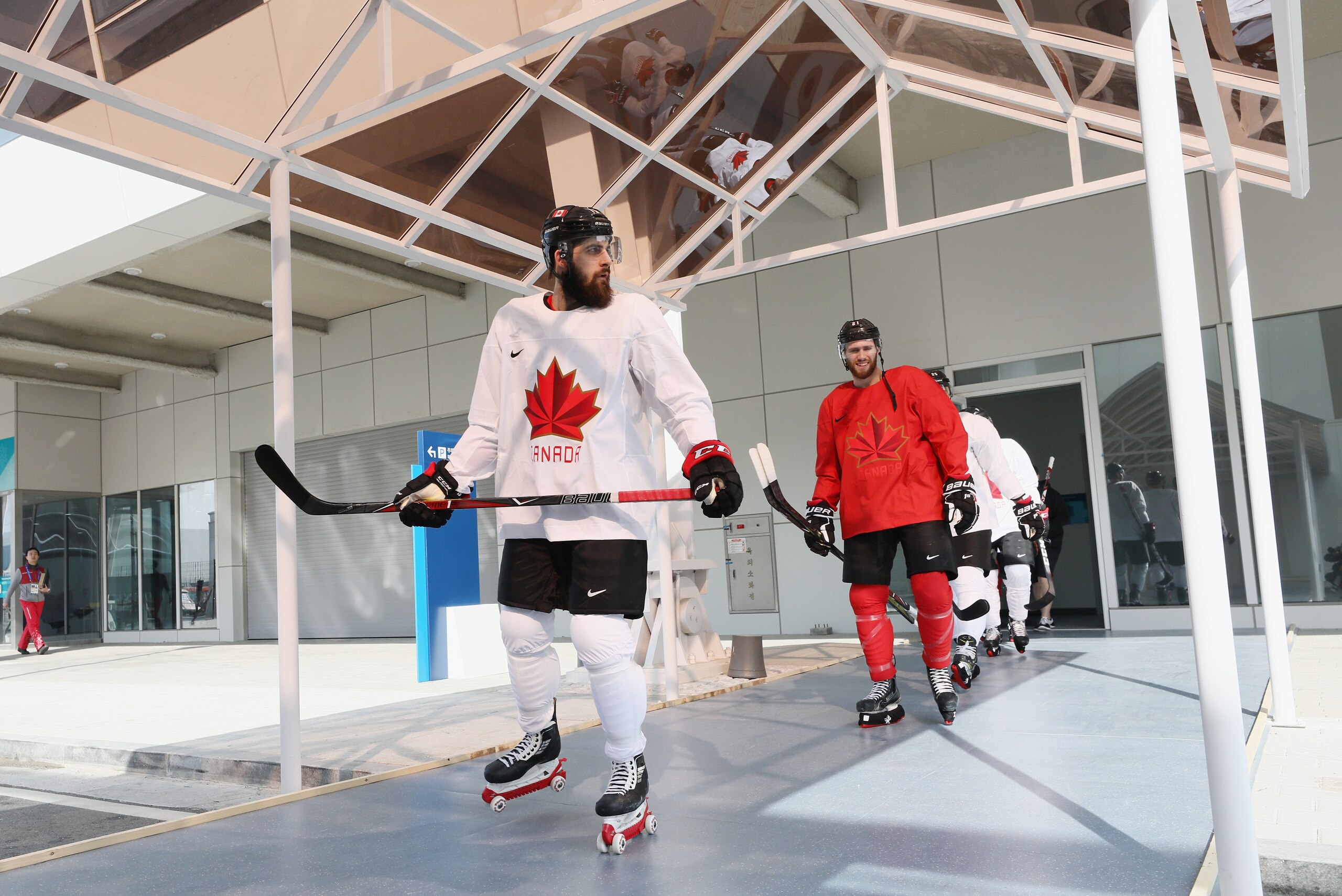 PYEONGCHANG-GUN, SOUTH KOREA - FEBRUARY 09:  Brandon Kozun #15 of the Men's Canadian Ice Hockey Team rollerblades ro practice ahead of the PyeongChang 2018 Winter Olympic Games at the Gangneung Hockey Training Venue on February 9, 2018 in Pyeongchang-gun,