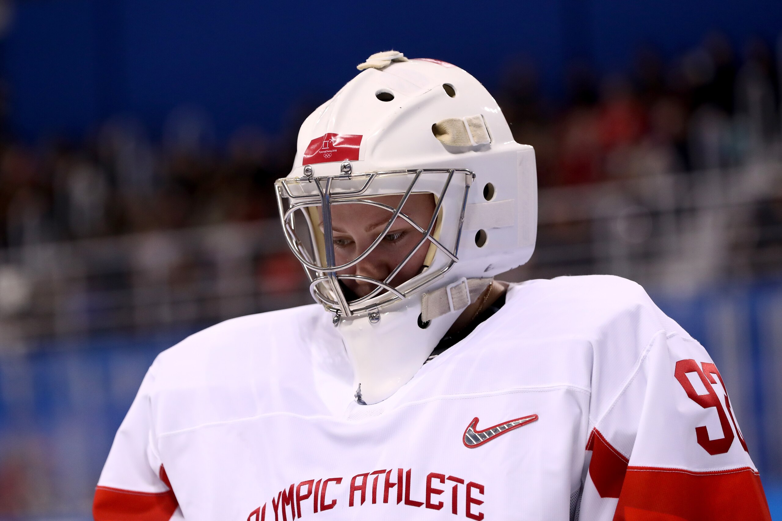 GANGNEUNG, SOUTH KOREA - FEBRUARY 11:  Nadezhda Morozova #92 of Olympic Athlete from Russia looks on against Canada during the Women's Ice Hockey Preliminary Round - Group A game on day two of the PyeongChang 2018 Winter Olympic Games at Kwandong Hockey C