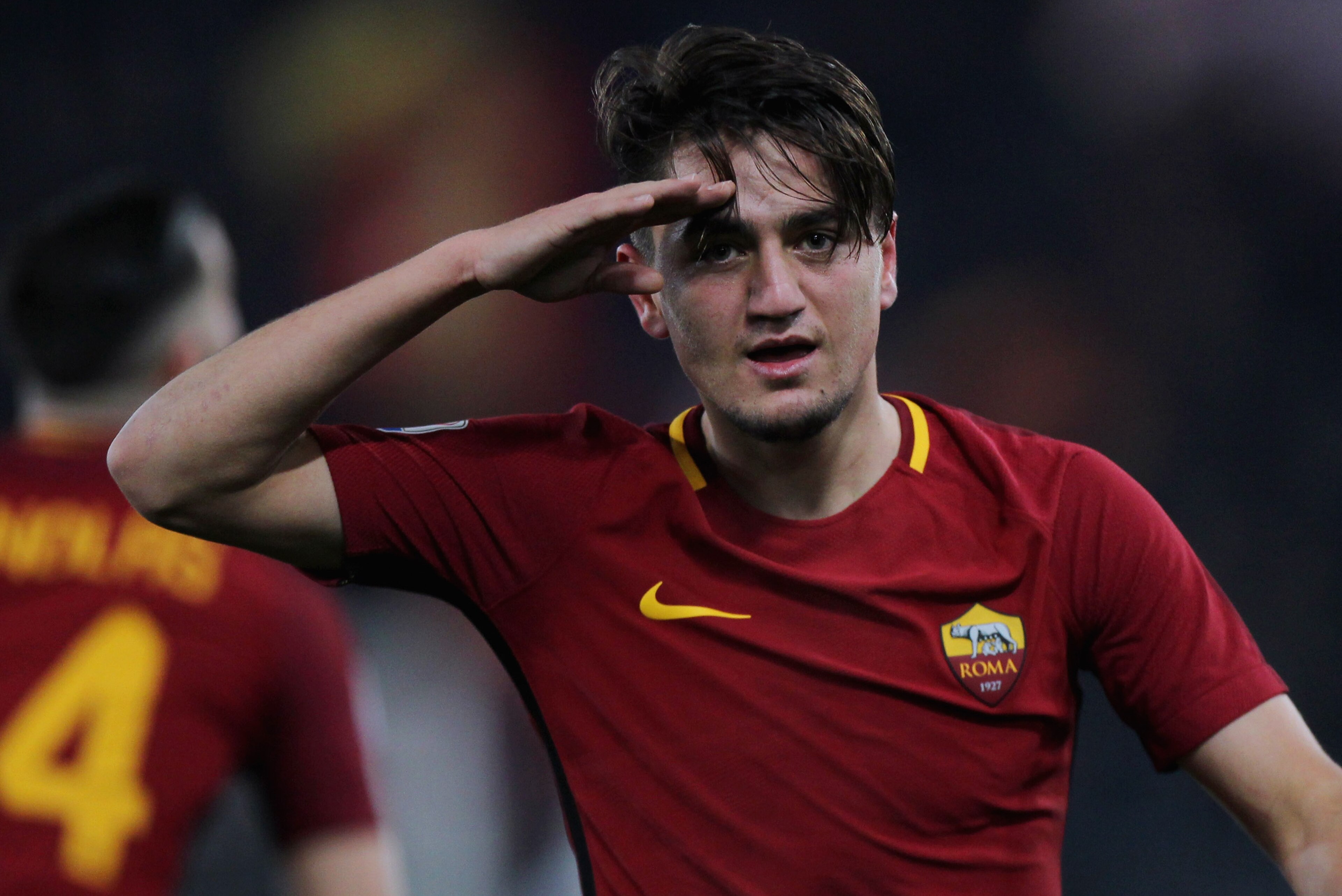 ROME, ITALY - FEBRUARY 11:  Cengiz Under of AS Roma celebrates after scoring the team's third goal during the serie A match between AS Roma and Benevento Calcio at Stadio Olimpico on February 11, 2018 in Rome, Italy.  (Photo by Paolo Bruno/Getty Images)