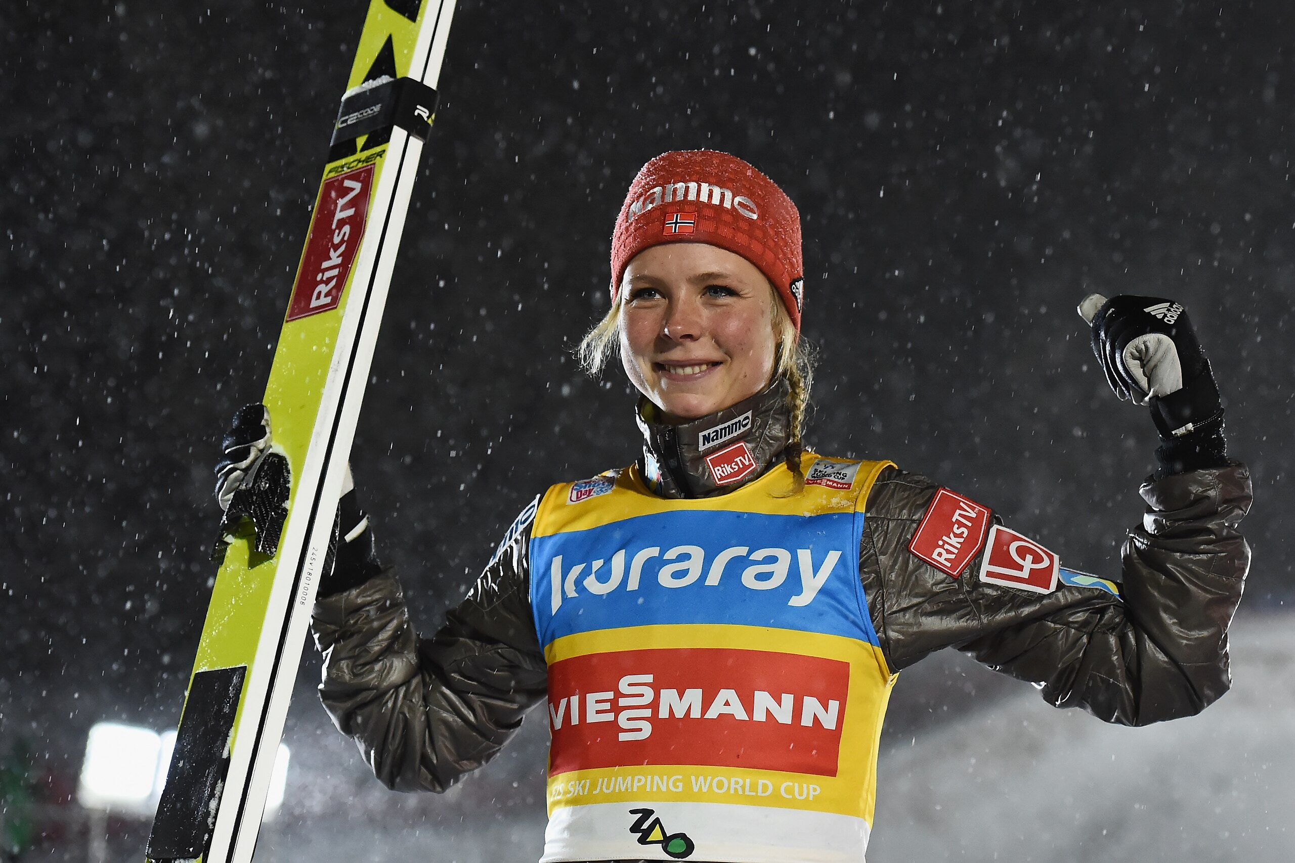 YAMAGATA, JAPAN - JANUARY 21:  Maren Lundby of Norway poses for a photograph after winning the Normal Hill Individual HS102 during day four of the FIS Ski Jumping Women's World cup Zao at Kuraray Zao Schanze on January 21, 2018 in Yamagata, Japan.  (Photo