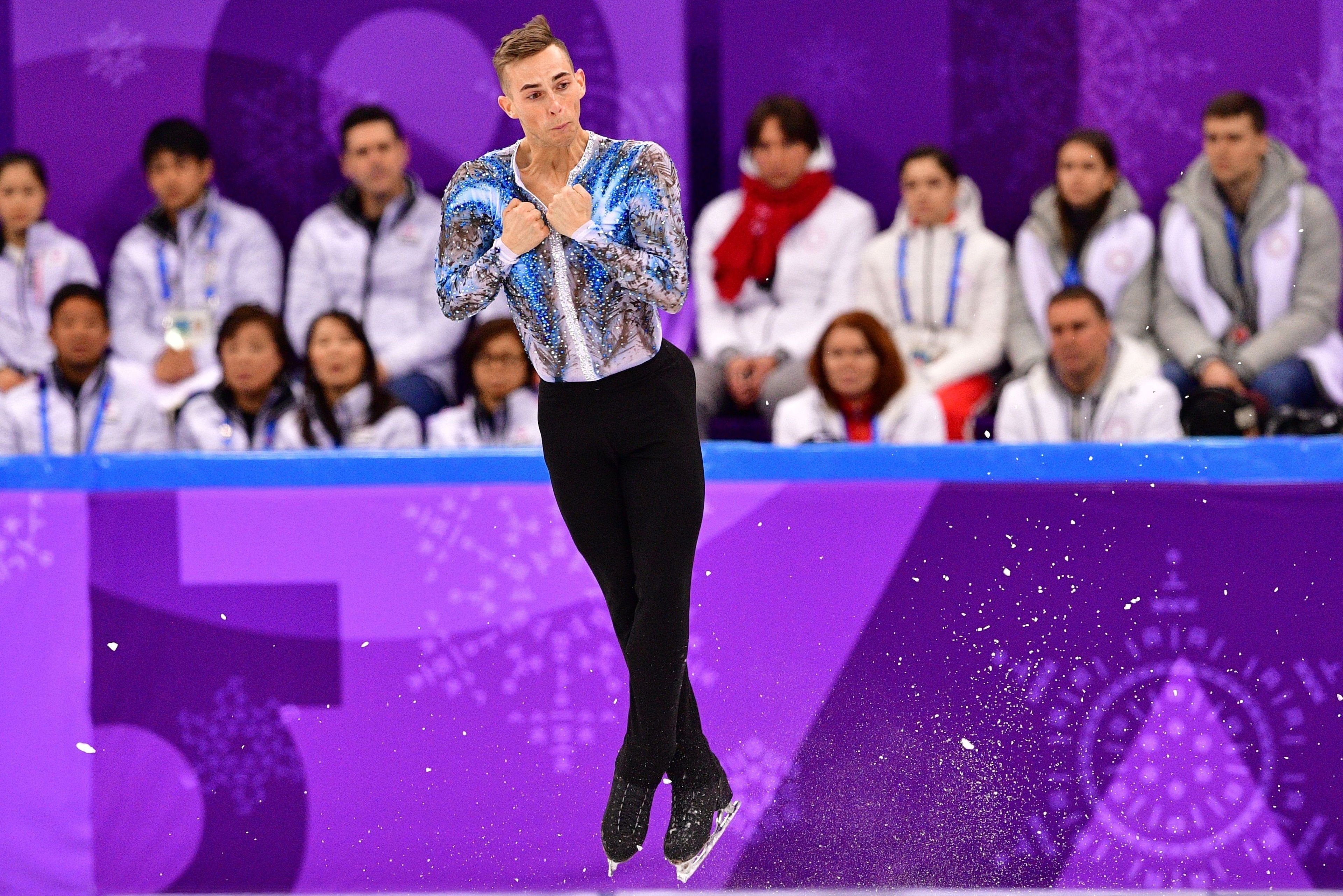 USA's Adam Rippon competes in the figure skating team event men's single skating free skating during the Pyeongchang 2018 Winter Olympic Games at the Gangneung Ice Arena in Gangneung on February 12, 2018. / AFP PHOTO / Mladen ANTONOV (Photo credit USA's Adam Rippon competes in the figure skating team event men's single skating free skating during the Pyeongchang 2018 Winter Olympic Games at the Gangneung Ice Arena in Gangneung on February 12, 2018. / AFP PHOTO / Mladen ANTONOV (Photo credit