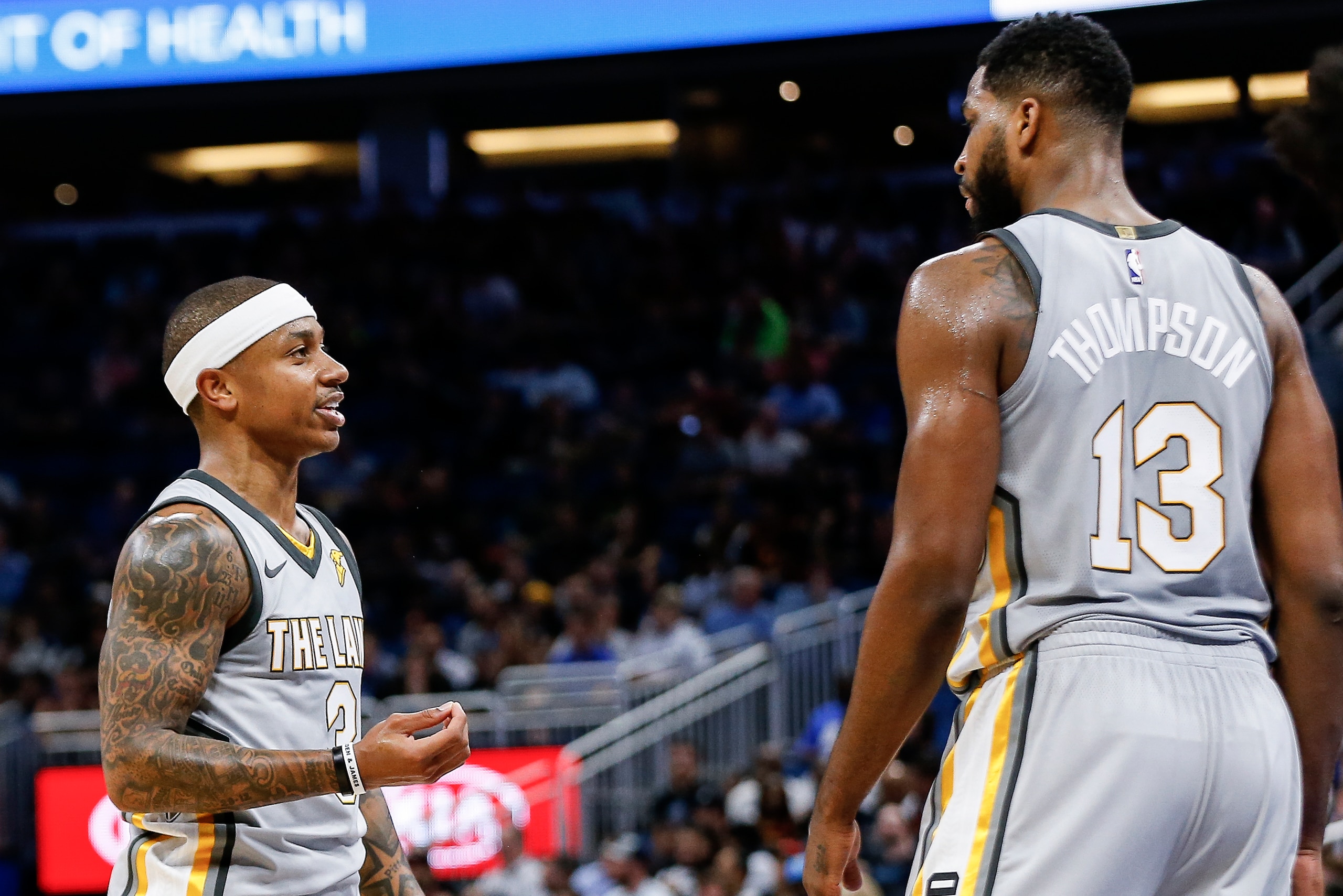 ORLANDO, FL - FEBRUARY 6: Isaiah Thomas #3 talk with Tristan Thompson #13 of the Cleveland Cavaliers during the game against the Orlando Magic at the Amway Center on February 6, 2018 in Orlando, Florida. The Magic defeated the Cavaliers 116 to 98. NOTE TO