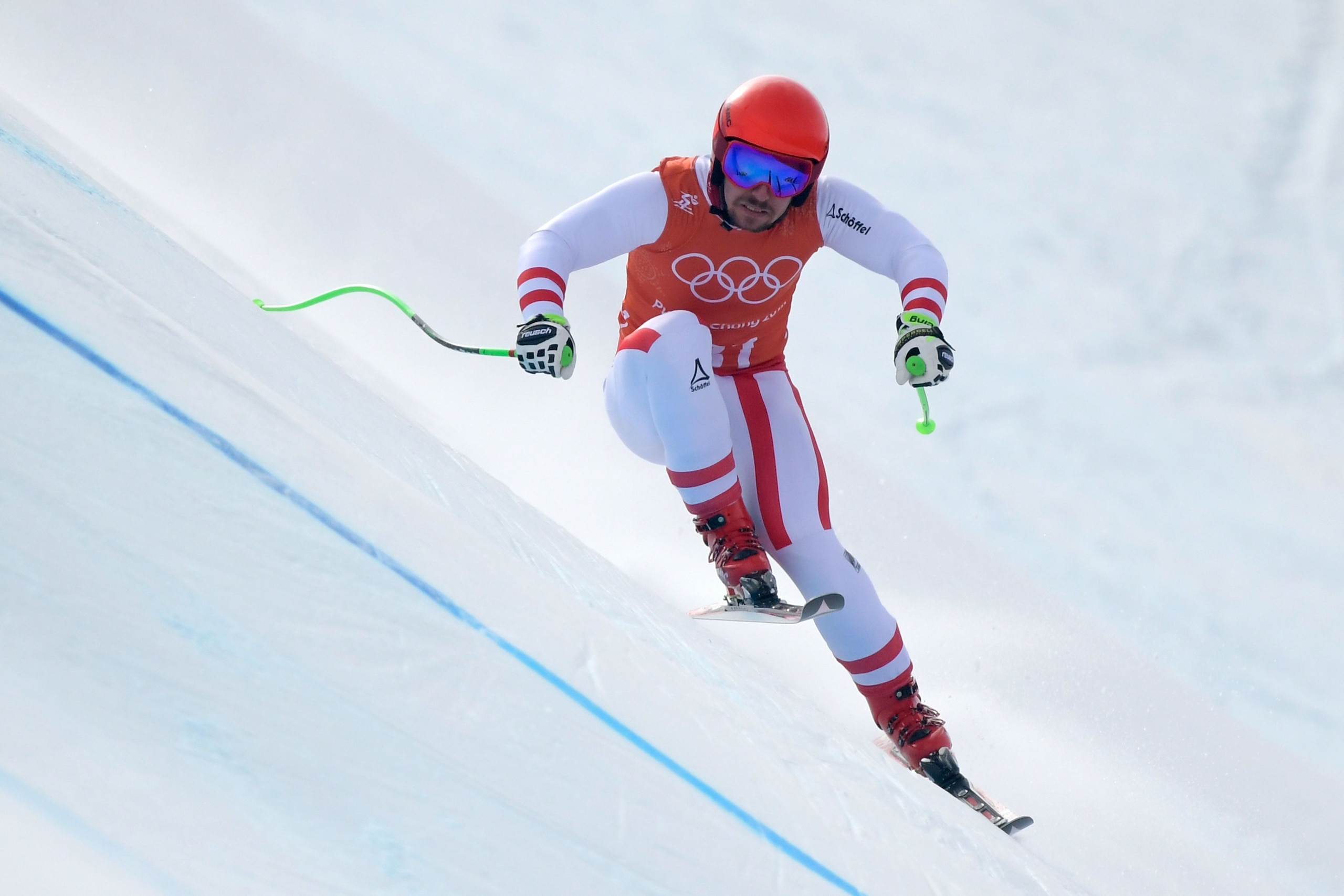 Austria's Marcel Hirscher takes part in the Men's Downhill 3rd training at the Jeongseon Alpine Center during the Pyeongchang 2018 Winter Olympic Games in Pyeongchang on February 10, 2018.  / AFP PHOTO / Fabrice COFFRINI        (Photo credit should read F