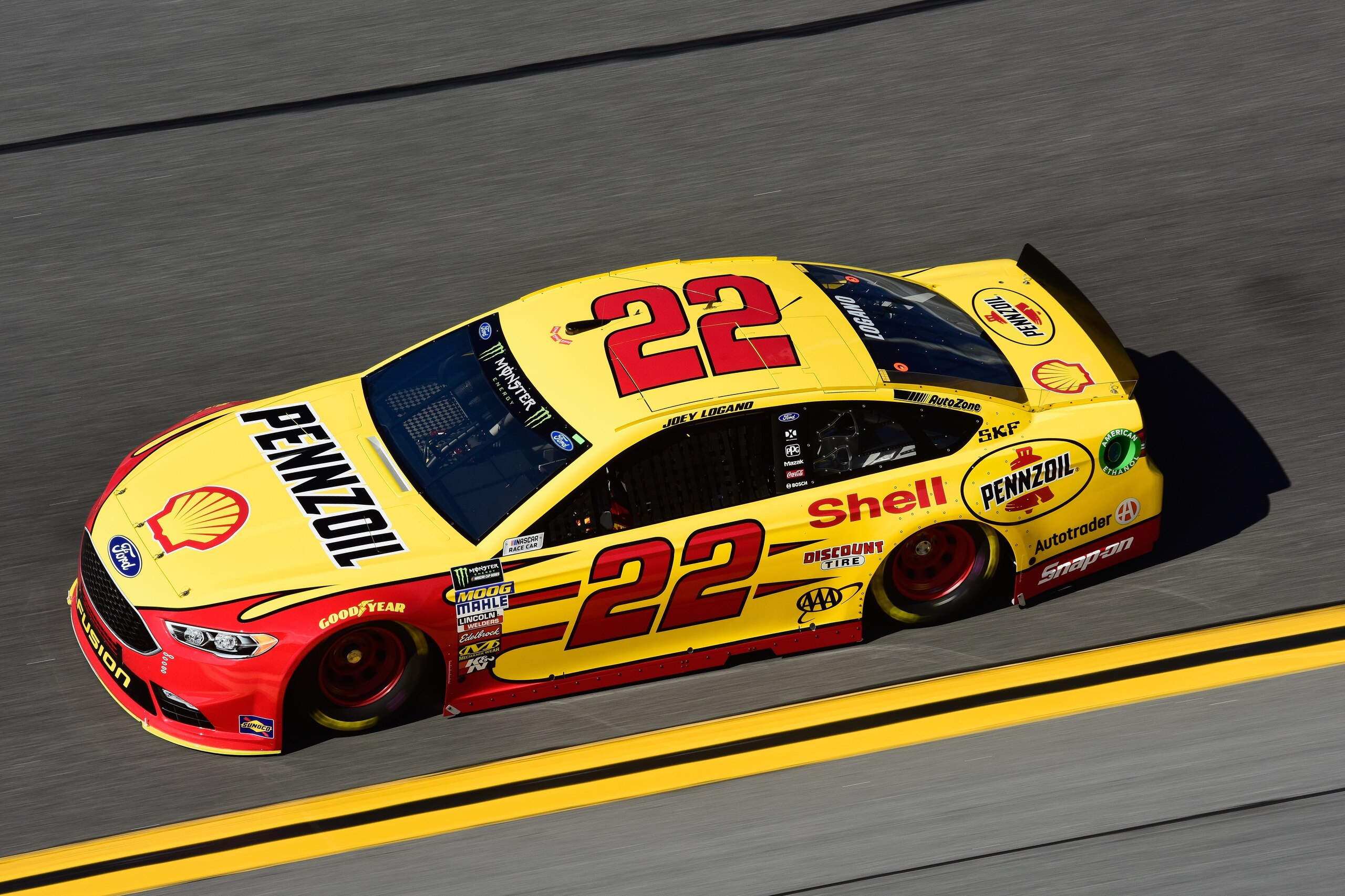 DAYTONA BEACH, FL - FEBRUARY 10:  Joey Logano, driver of the #22 Shell Pennzoil Ford, drives during practice for the Monster Energy NASCAR Cup Series Daytona 500 at Daytona International Speedway on February 10, 2018 in Daytona Beach, Florida.  (Photo by 