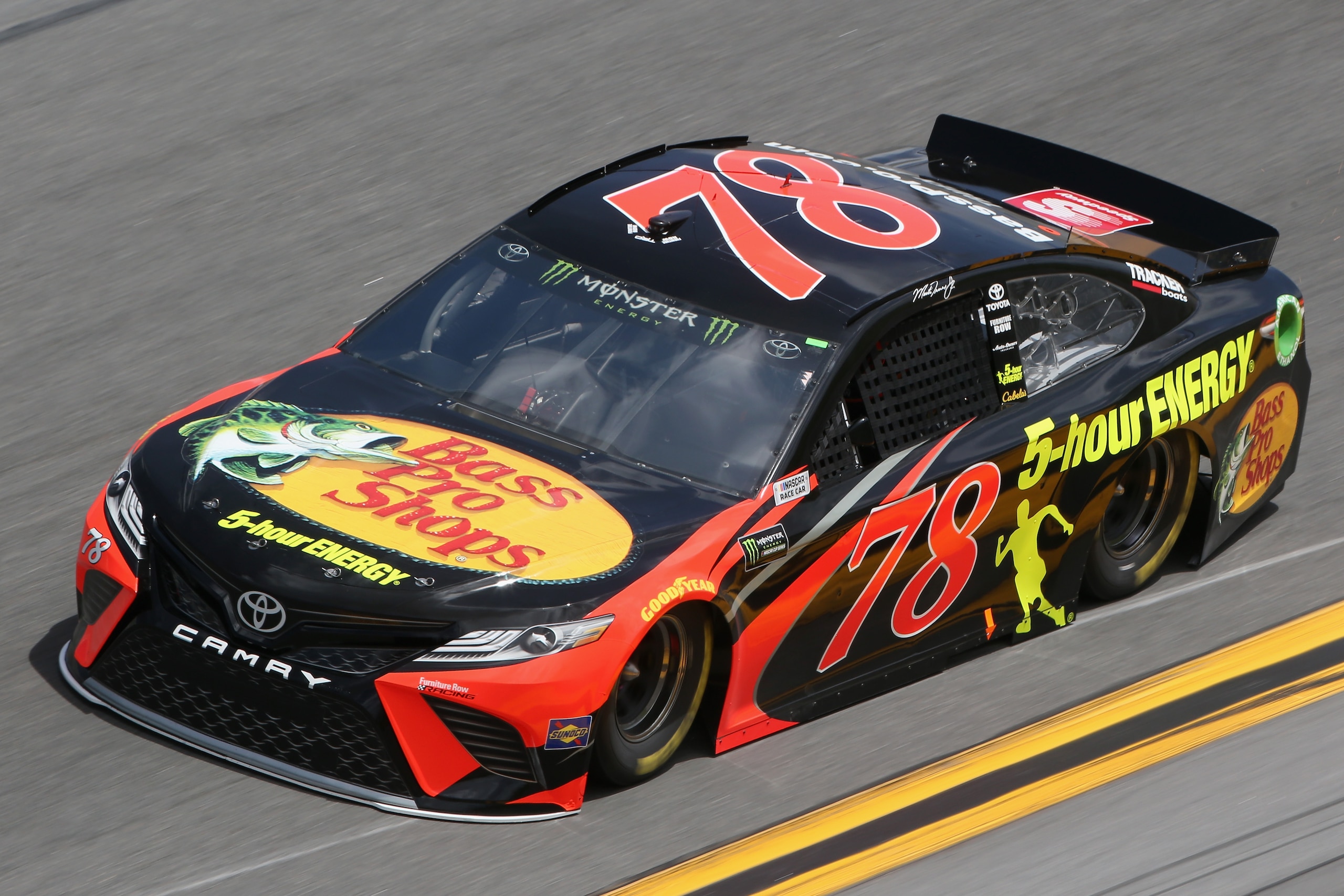 DAYTONA BEACH, FL - FEBRUARY 11:  Martin Truex Jr., driver of the #78 Bass Pro Shops/5-hour Energy Toyota, qualifies for the Monster Energy NASCAR Cup Series Daytona 500 at Daytona International Speedway on February 11, 2018 in Daytona Beach, Florida.  (P