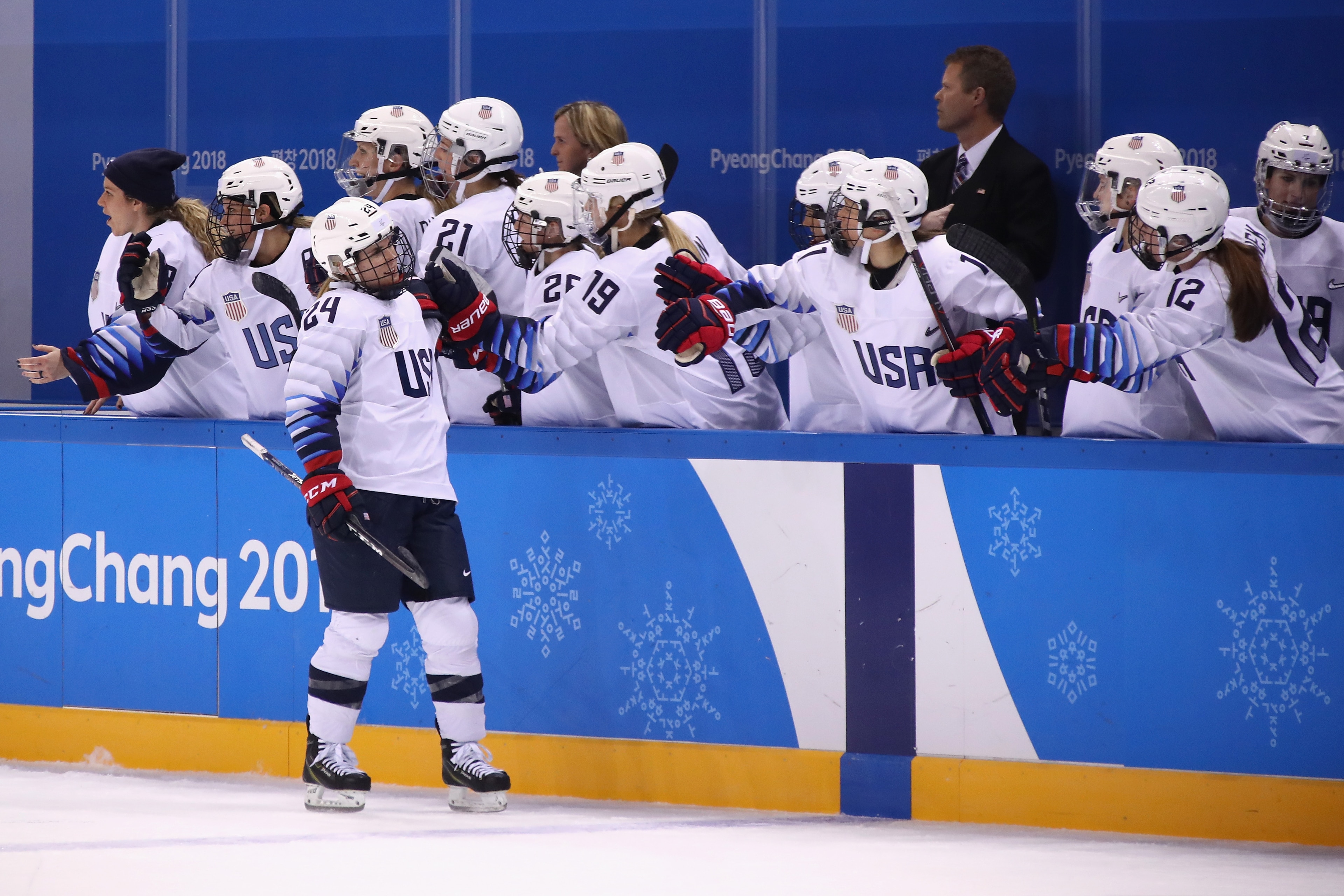 GANGNEUNG, SOUTH KOREA - FEBRUARY 11:  Danielle Cameranesi #24 of the United States celebrates with teammates after defeating Team Finland 3-1 in the Women's Ice Hockey Preliminary Round - Group A game on day two of the PyeongChang 2018 Winter Olympic Gam