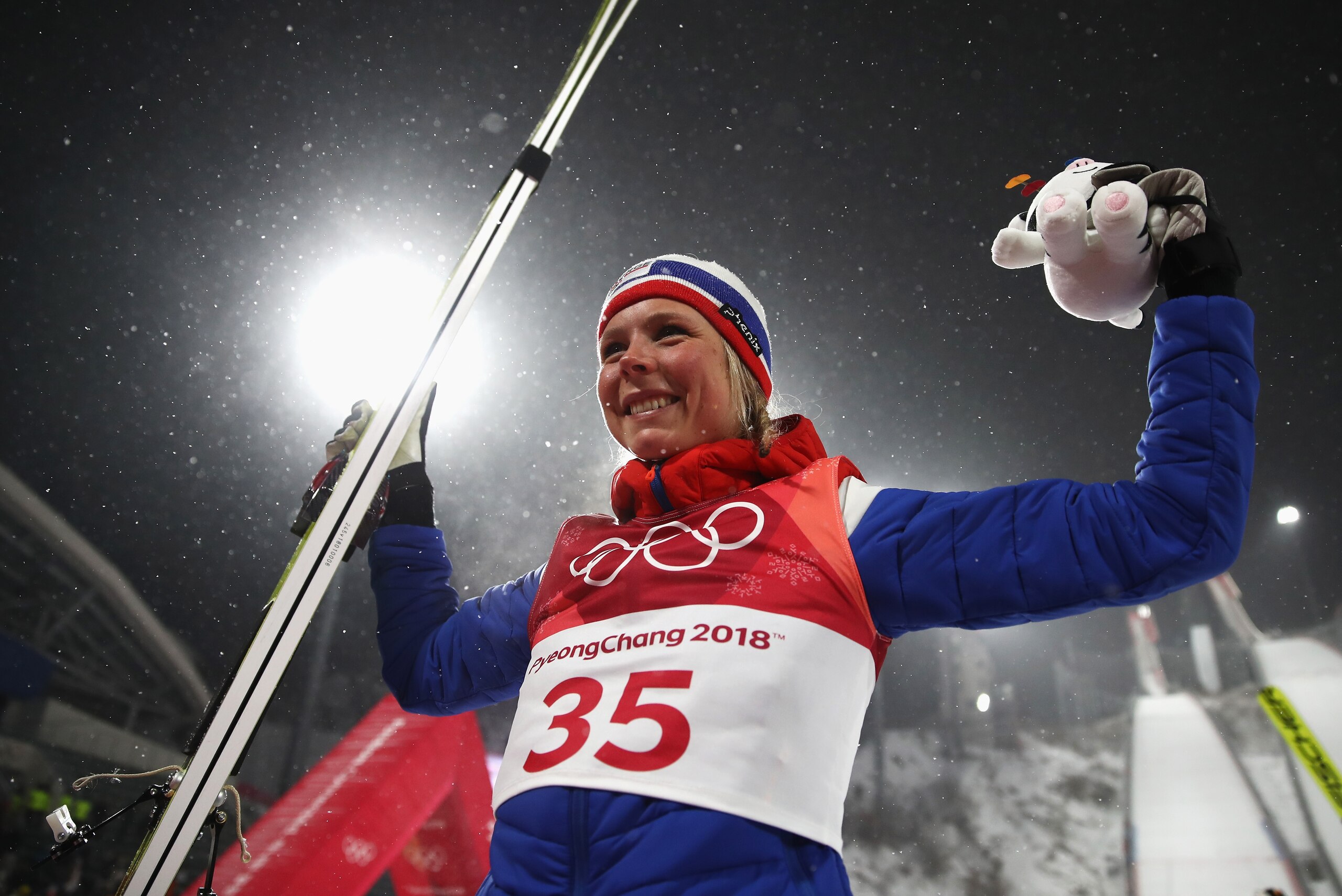 PYEONGCHANG-GUN, SOUTH KOREA - FEBRUARY 12:  Gold medalist Maren Lundby of Norway celebrates after the Ladies' Normal Hill Individual Ski Jumping Final on day three of the PyeongChang 2018 Winter Olympic Games at Alpensia Ski Jumping Centre on February 12