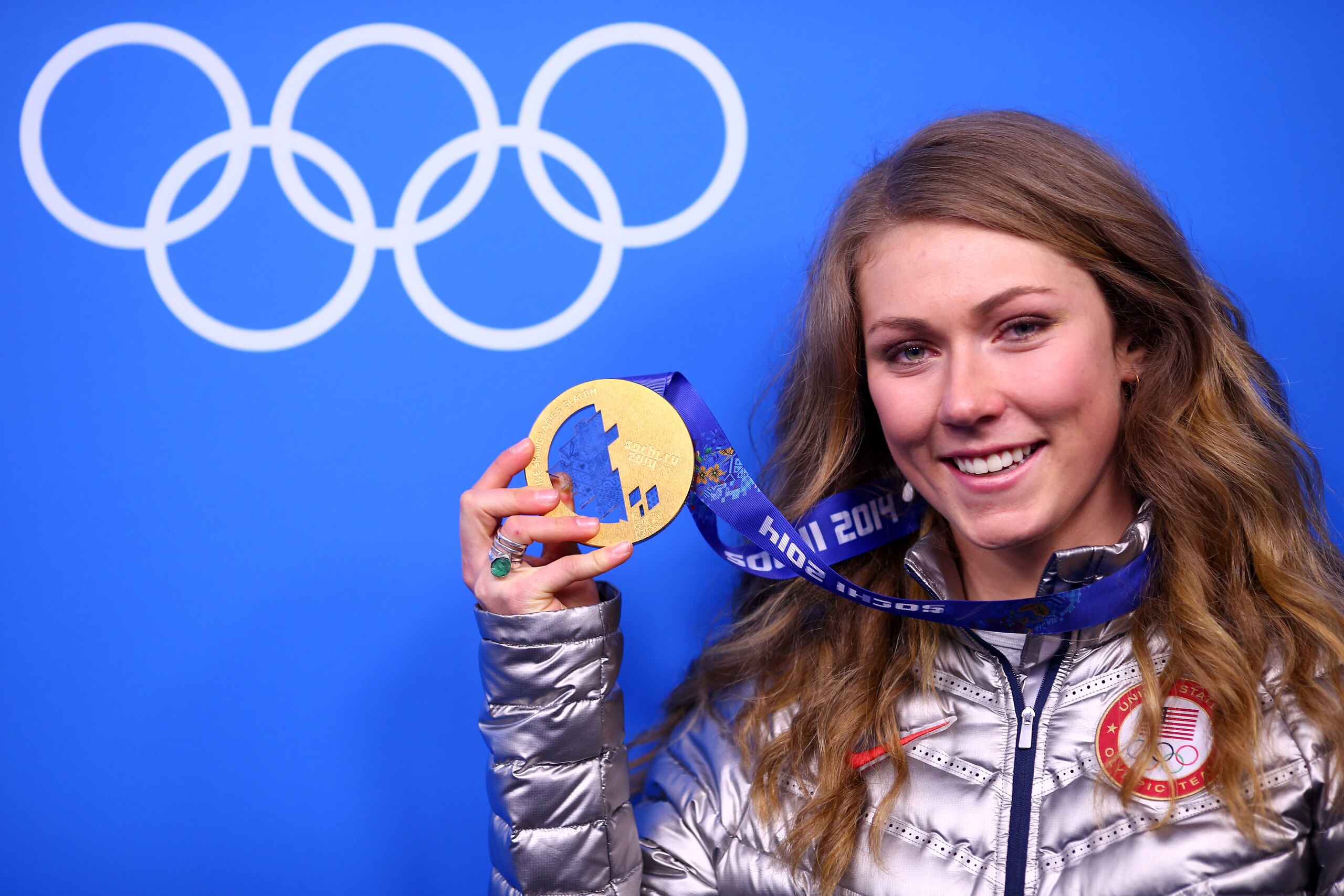 SOCHI, RUSSIA - FEBRUARY 22:  Gold medalist Mikaela Shiffrin of the United States celebrates during the medal ceremony for the Women's Slalom on Day 15 of the Sochi 2014 Winter Olympics at Medals Plaza on February 22, 2014 in Sochi, Russia.  (Photo by Rya