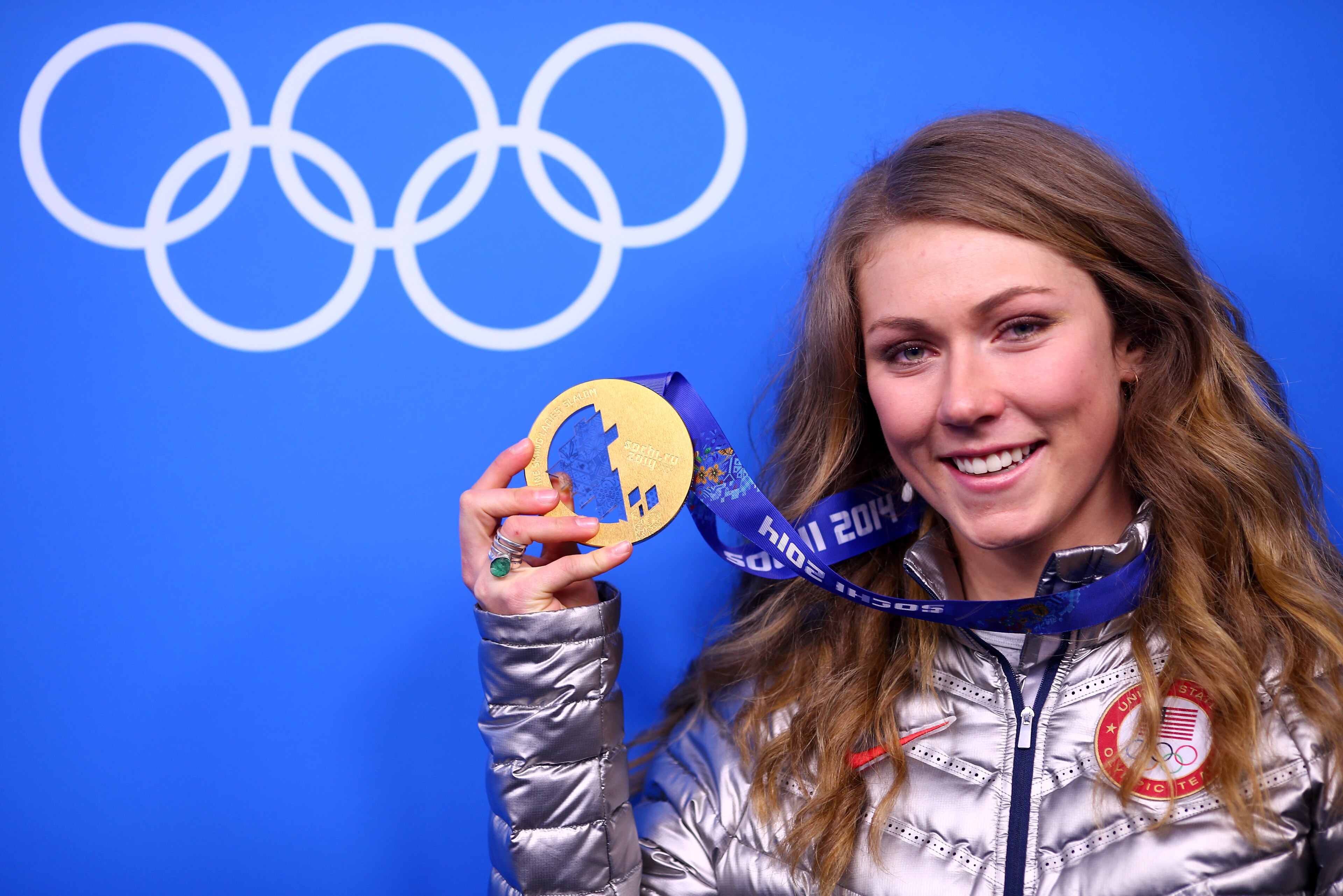 SOCHI, RUSSIA - FEBRUARY 22:  Gold medalist Mikaela Shiffrin of the United States celebrates during the medal ceremony for the Women's Slalom on Day 15 of the Sochi 2014 Winter Olympics at Medals Plaza on February 22, 2014 in Sochi, Russia.  (Photo by Rya