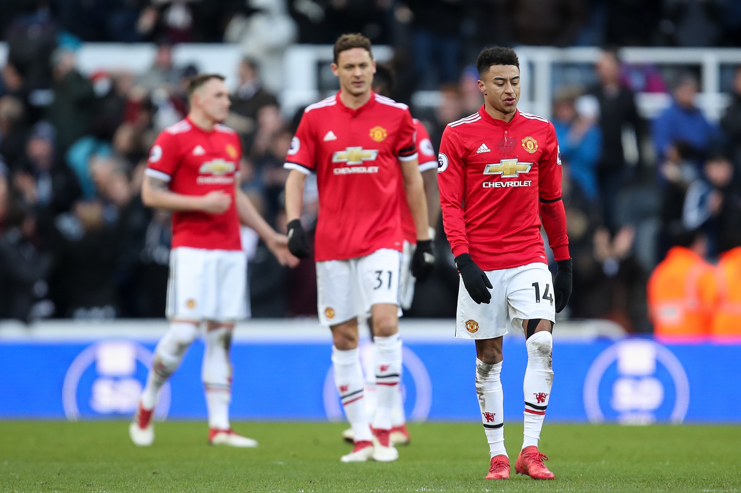 NEWCASTLE UPON TYNE, ENGLAND - FEBRUARY 11: Jesse Lingard of Manchester United dejected during the Premier League match between Newcastle United and Manchester United at St. James Park on February 11, 2018 in Newcastle upon Tyne, England. (Photo by Robbie