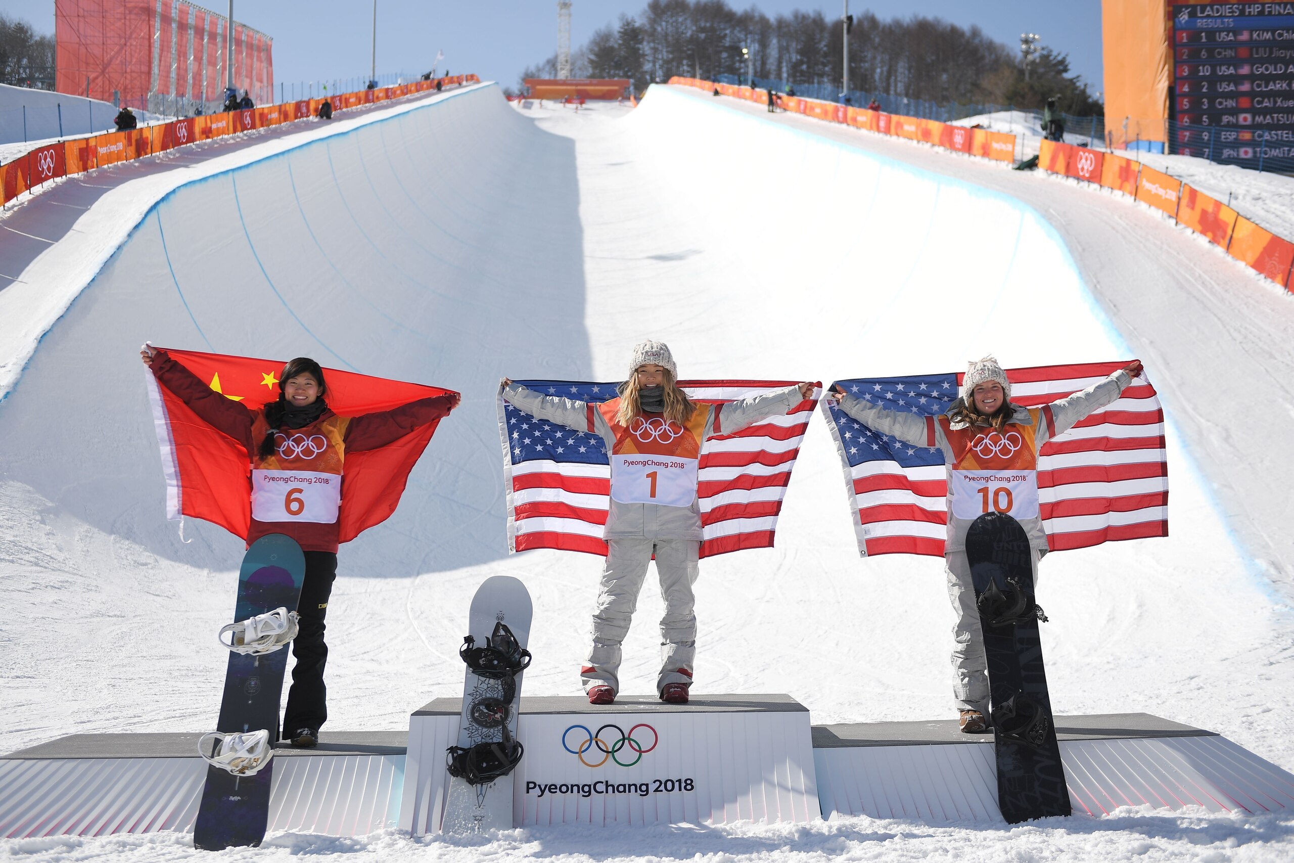 Silver medallist China's Liu Jiayu, gold medallist US Chloe Kim and bronze medallist US Arielle Gold celebrate during the victory ceremony after the women's snowboard halfpipe final event at the Phoenix Park during the Pyeongchang 2018 Winter Olympic Game