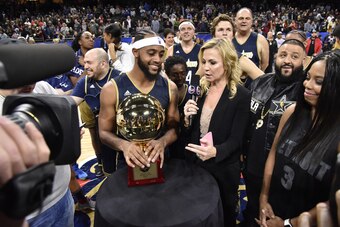 NEW ORLEANS, LA - FEBRUARY 17:  Brandon Armstrong #0 of the East Team is presented with the MVP award after the NBA All-Star Celebrity Game as a part of 2017 All-Star Weekend at the Mercedes-Benz Superdome on February 17, 2017 in New Orleans, Louisiana. N
