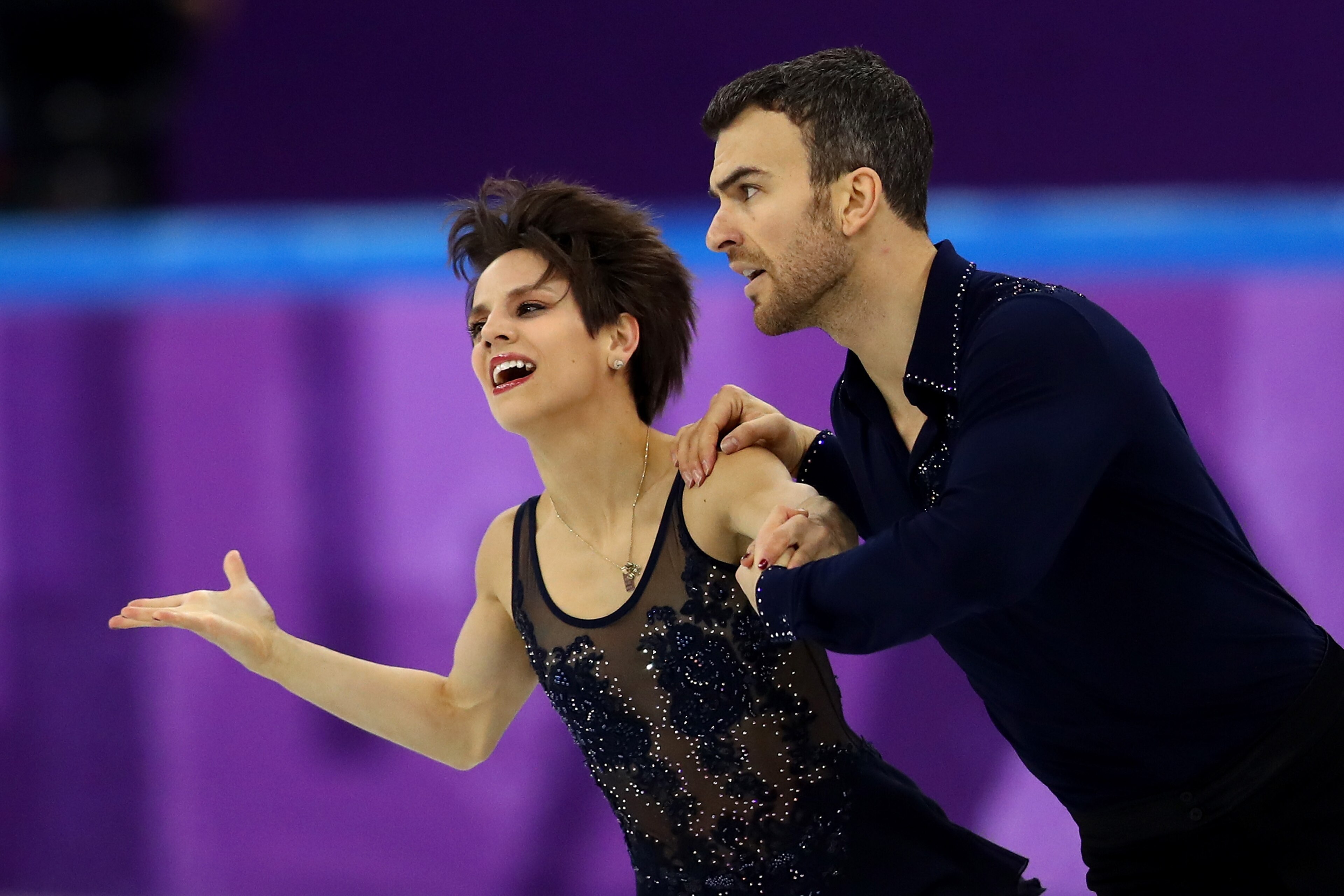 GANGNEUNG, SOUTH KOREA - FEBRUARY 14: Meagan Duhamel and Eric Radford of Canada compete during the Pair Skating Short Program on day five of the PyeongChang 2018 Winter Olympics at Gangneung Ice Arena on February 14, 2018 in Gangneung, South Korea. (Pho GANGNEUNG, SOUTH KOREA - FEBRUARY 14: Meagan Duhamel and Eric Radford of Canada compete during the Pair Skating Short Program on day five of the PyeongChang 2018 Winter Olympics at Gangneung Ice Arena on February 14, 2018 in Gangneung, South Korea. (Pho