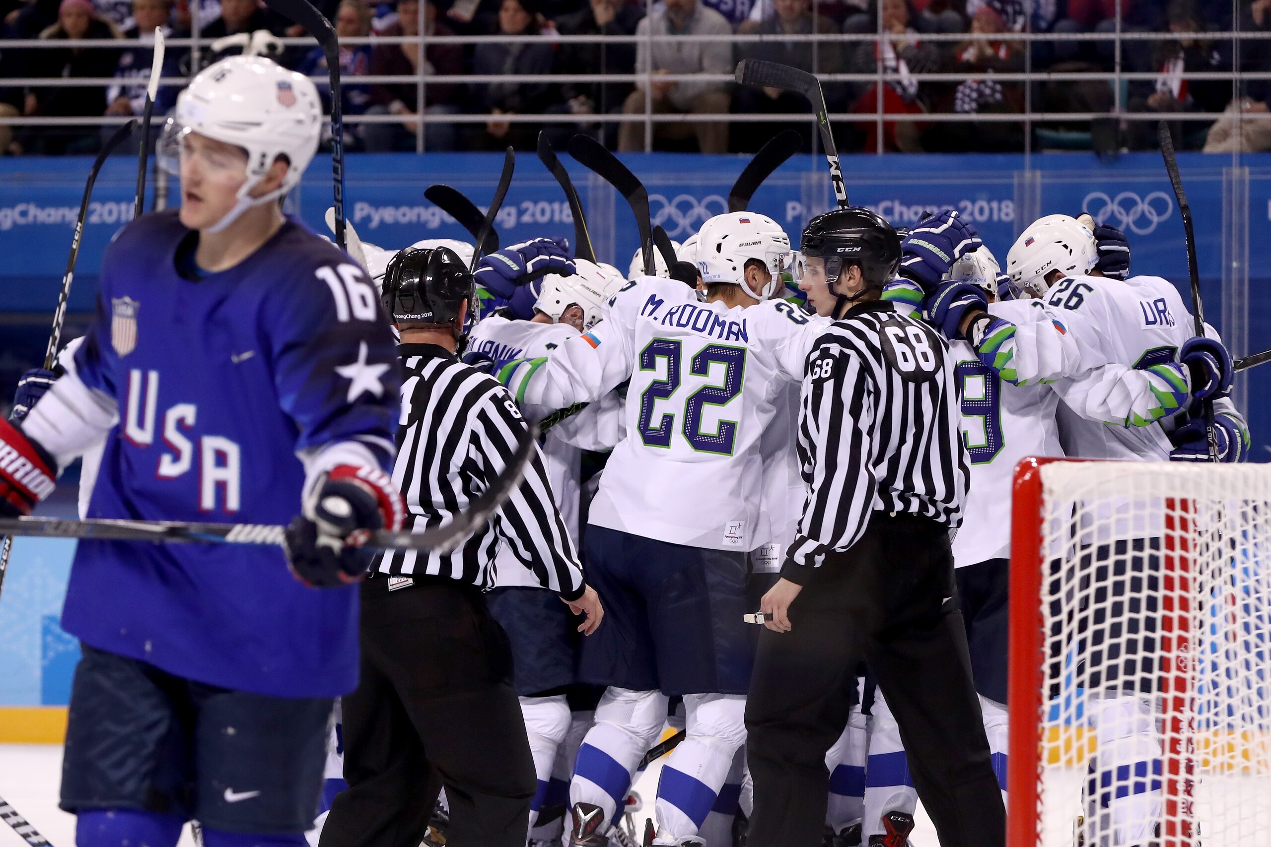 GANGNEUNG, SOUTH KOREA - FEBRUARY 14:  Team Slovenia celebrates after defeating Team United States in the Men's Ice Hockey Preliminary Round Group B game on day five of the PyeongChang 2018 Winter Olympics at Kwandong Hockey Centre on February 14, 2018 in