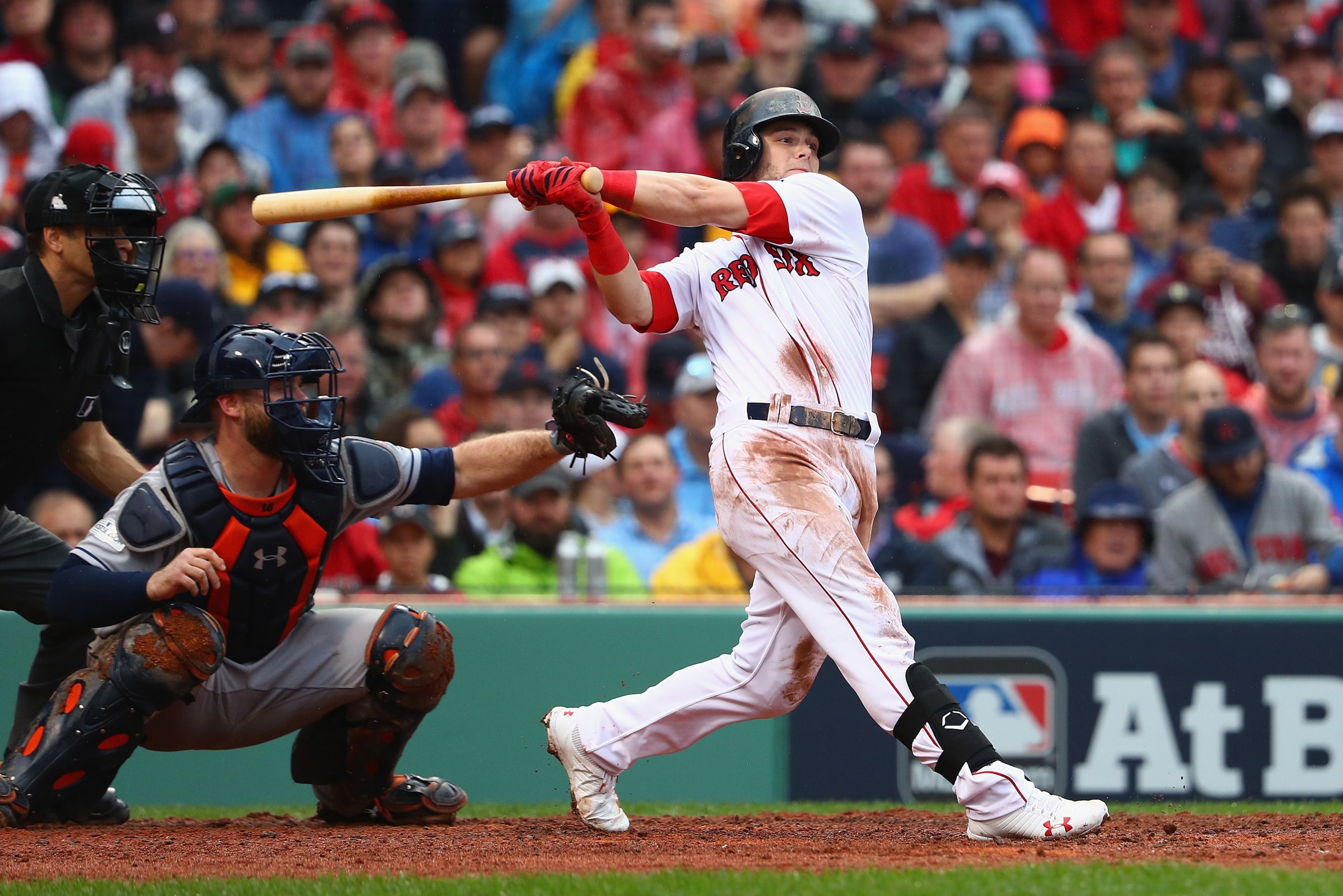 BOSTON, MA - OCTOBER 09:  Andrew Benintendi #16 of the Boston Red Sox hits a two-run home run in the fifth inning against the Houston Astros during game four of the American League Division Series at Fenway Park on October 9, 2017 in Boston, Massachusetts