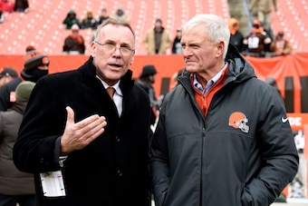 CLEVELAND, OH - DECEMBER 10: New General Manager John Dorsey of the Cleveland Browns  is seen with owner Jimmy Haslam before the game against the Green Bay Packers at FirstEnergy Stadium on December 10, 2017 in Cleveland, Ohio. (Photo by Jason Miller/Gett