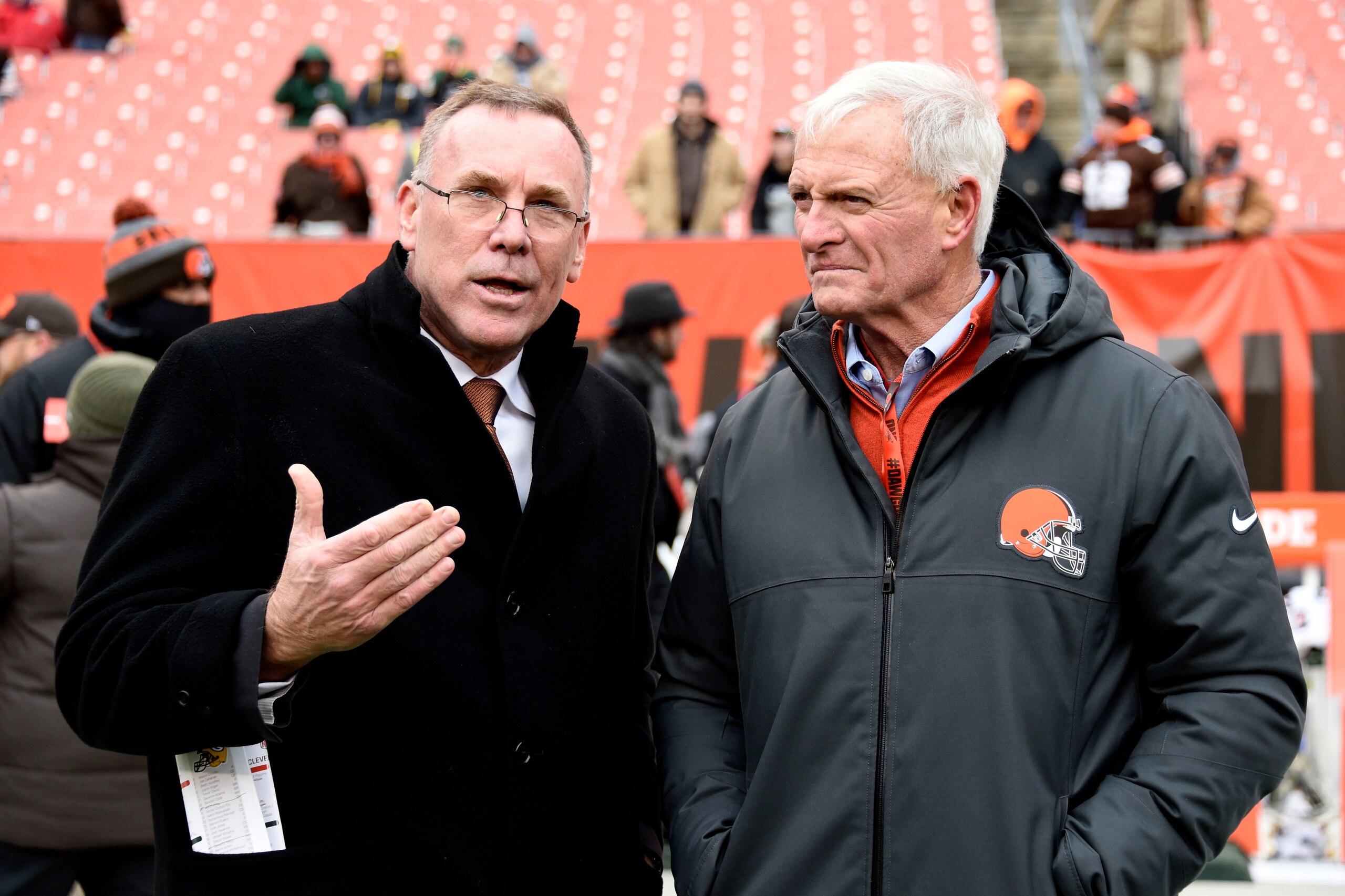 CLEVELAND, OH - DECEMBER 10: New General Manager John Dorsey of the Cleveland Browns  is seen with owner Jimmy Haslam before the game against the Green Bay Packers at FirstEnergy Stadium on December 10, 2017 in Cleveland, Ohio. (Photo by Jason Miller/Gett