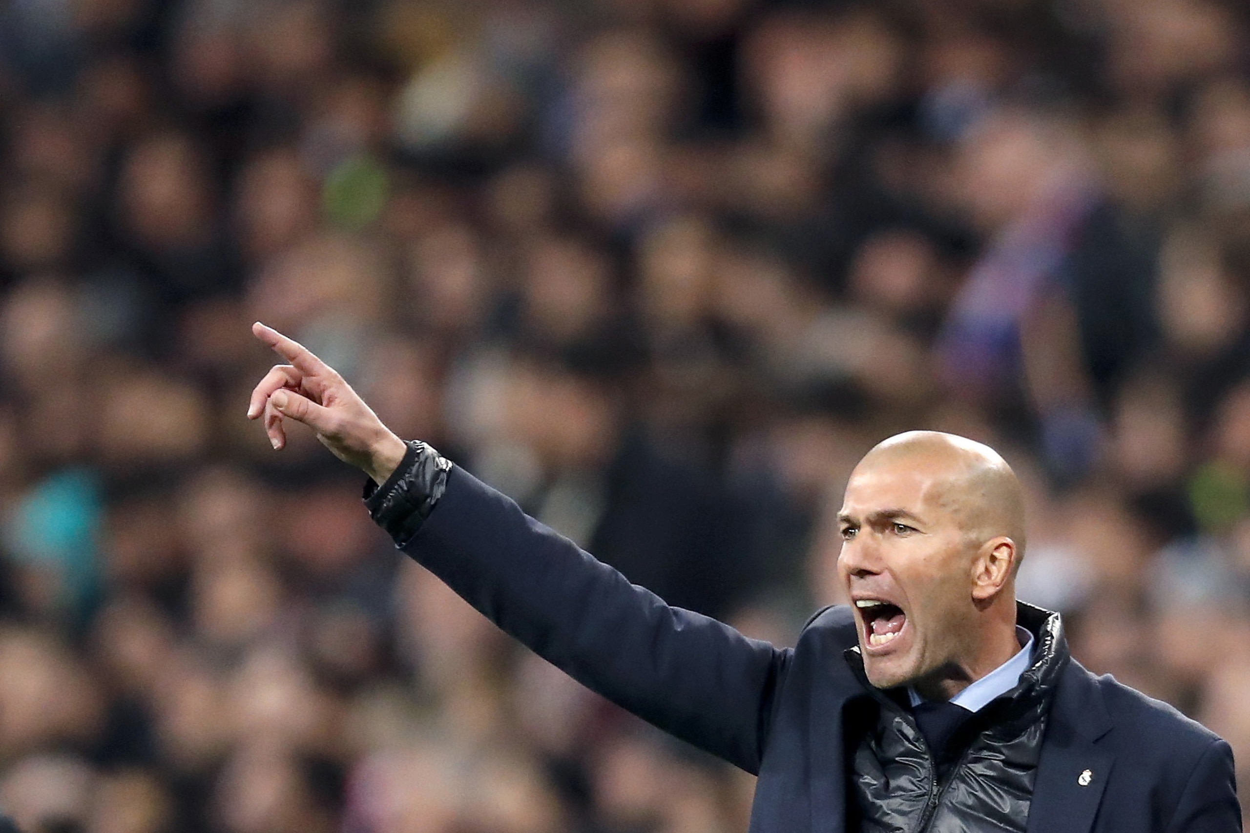 coach Zinedine Zidane of Real Madrid during the UEFA Champions League round of 16 match between Real Madrid and Paris Saint-Germain at the Santiago Bernabeu stadium on February 14, 2018 in Madrid, Spain(Photo by VI Images via Getty Images)
