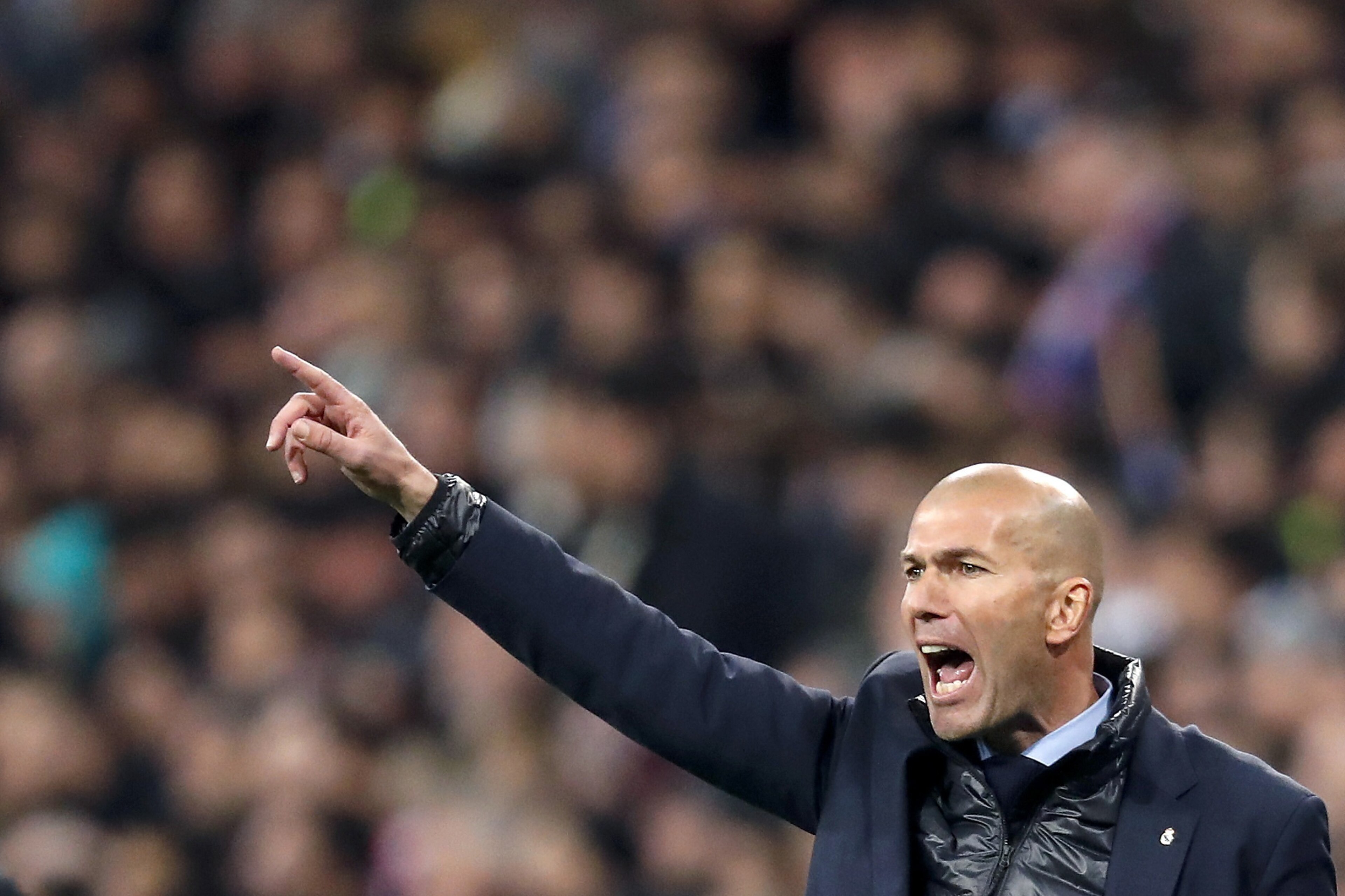 coach Zinedine Zidane of Real Madrid during the UEFA Champions League round of 16 match between Real Madrid and Paris Saint-Germain at the Santiago Bernabeu stadium on February 14, 2018 in Madrid, Spain(Photo by VI Images via Getty Images)