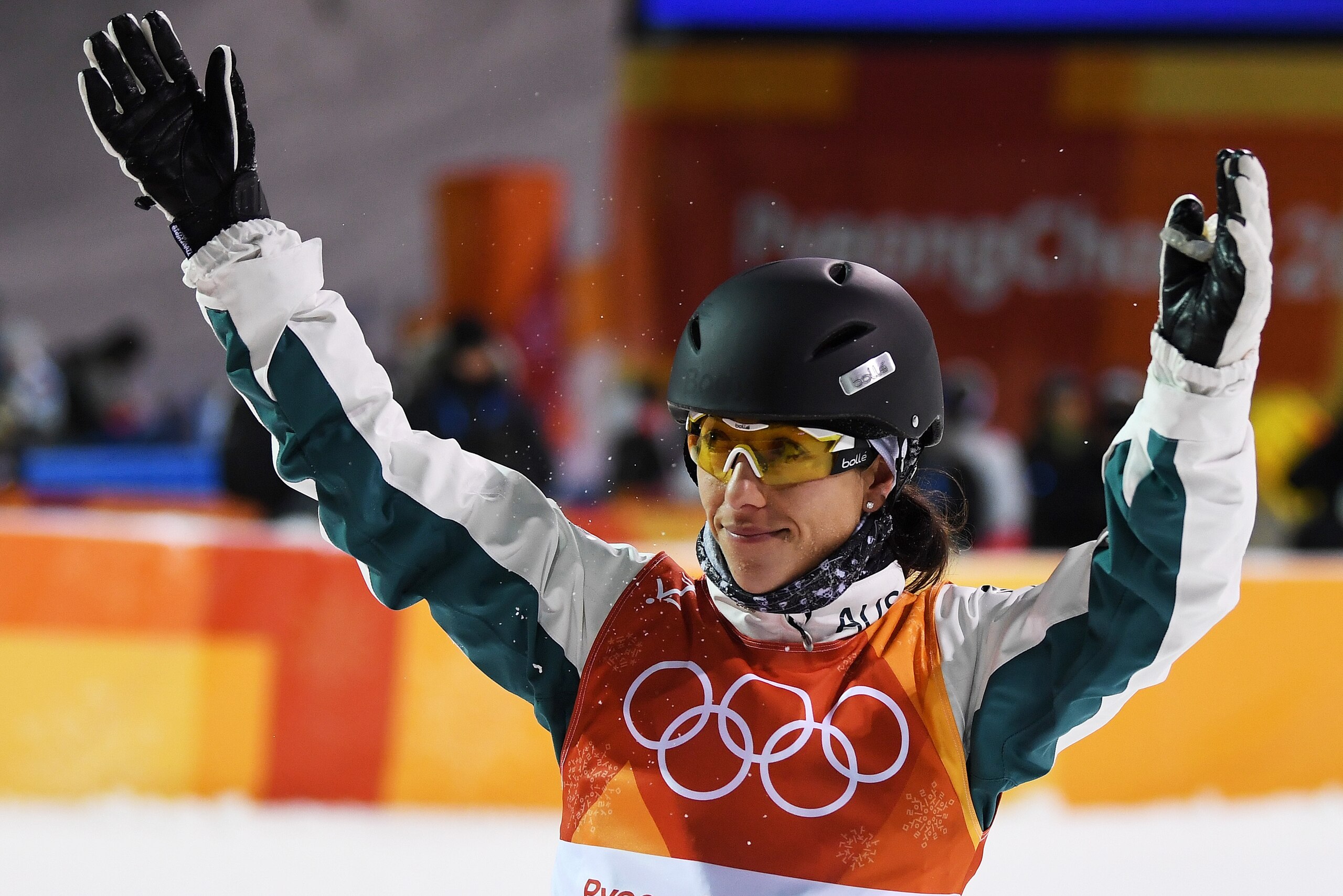PYEONGCHANG-GUN, SOUTH KOREA - FEBRUARY 15:  Lydia Lassila of Australia reacts during the Freestyle Skiing Ladies' Aerials Qualification on day six of the PyeongChang 2018 Winter Olympic Games at Phoenix Snow Park on February 15, 2018 in Pyeongchang-gun, 