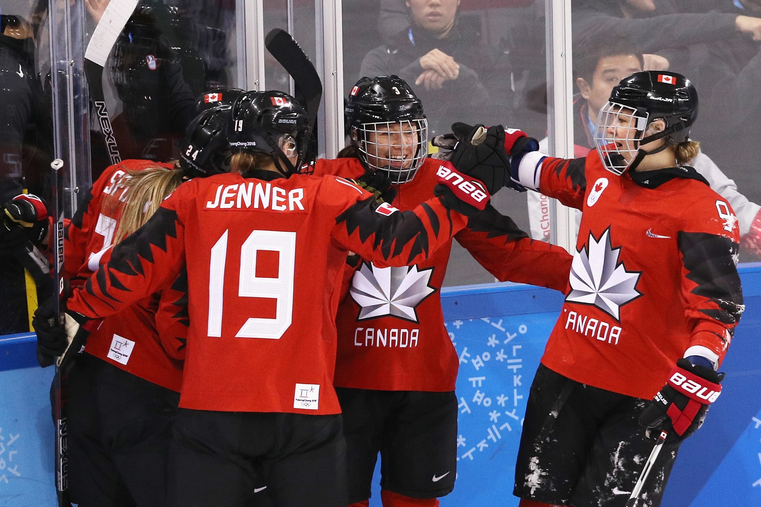 GANGNEUNG, SOUTH KOREA - FEBRUARY 15: Jocelyne Larocque #3 of Canada and Jennifer Wakefield #9 of Canada celebrate after a goal by Meghan Agosta #2 of Canada in the second period against the United States during the Women's Ice Hockey Preliminary Round G GANGNEUNG, SOUTH KOREA - FEBRUARY 15: Jocelyne Larocque #3 of Canada and Jennifer Wakefield #9 of Canada celebrate after a goal by Meghan Agosta #2 of Canada in the second period against the United States during the Women's Ice Hockey Preliminary Round G