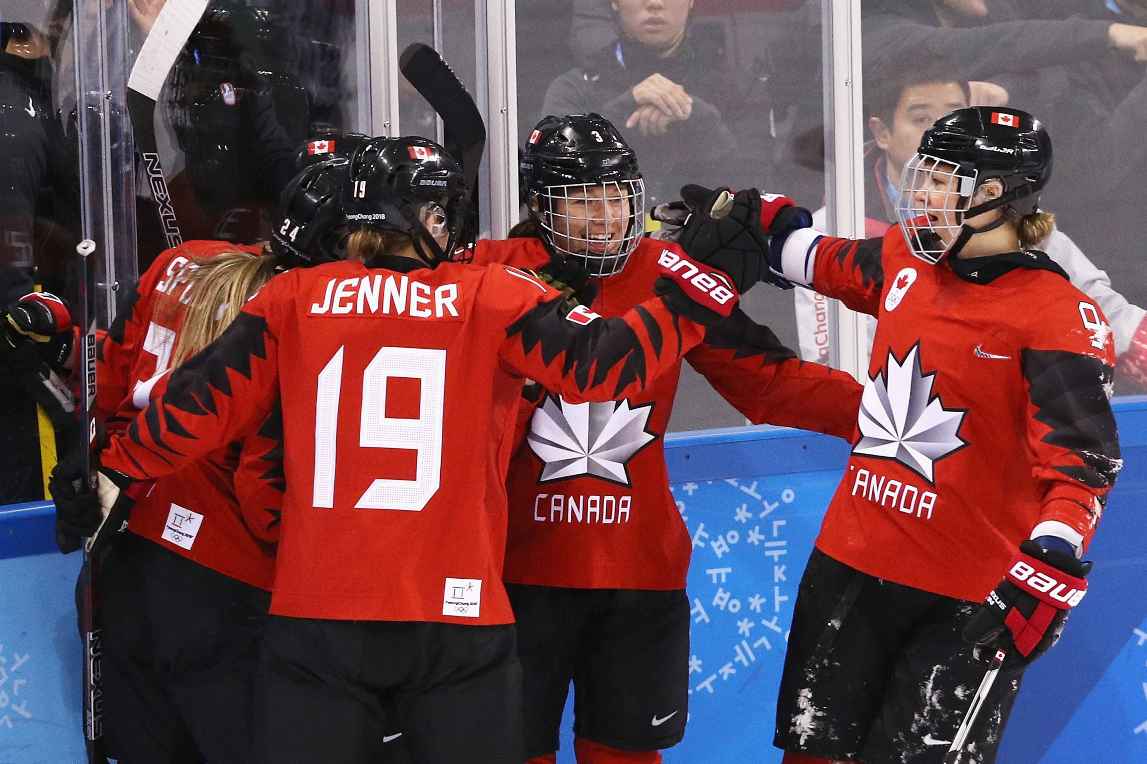 GANGNEUNG, SOUTH KOREA - FEBRUARY 15:  Jocelyne Larocque #3 of Canada and Jennifer Wakefield #9 of Canada celebrate after a goal by Meghan Agosta #2 of Canada in the second period against the United States during the Women's Ice Hockey Preliminary Round G