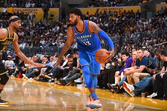 LOS ANGELES, CA - FEBRUARY 8: Paul George #13 of the Oklahoma City Thunder handles the ball against the Los Angeles Lakers on February 8, 2018 at STAPLES Center in Los Angeles, California. NOTE TO USER: User expressly acknowledges and agrees that, by down